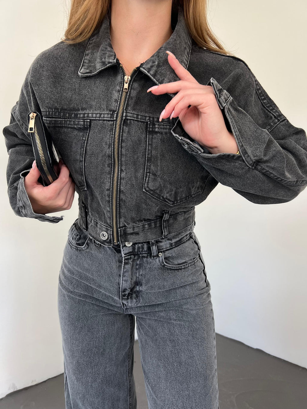 Fermuarlı Çift Cepli Denim Ceket