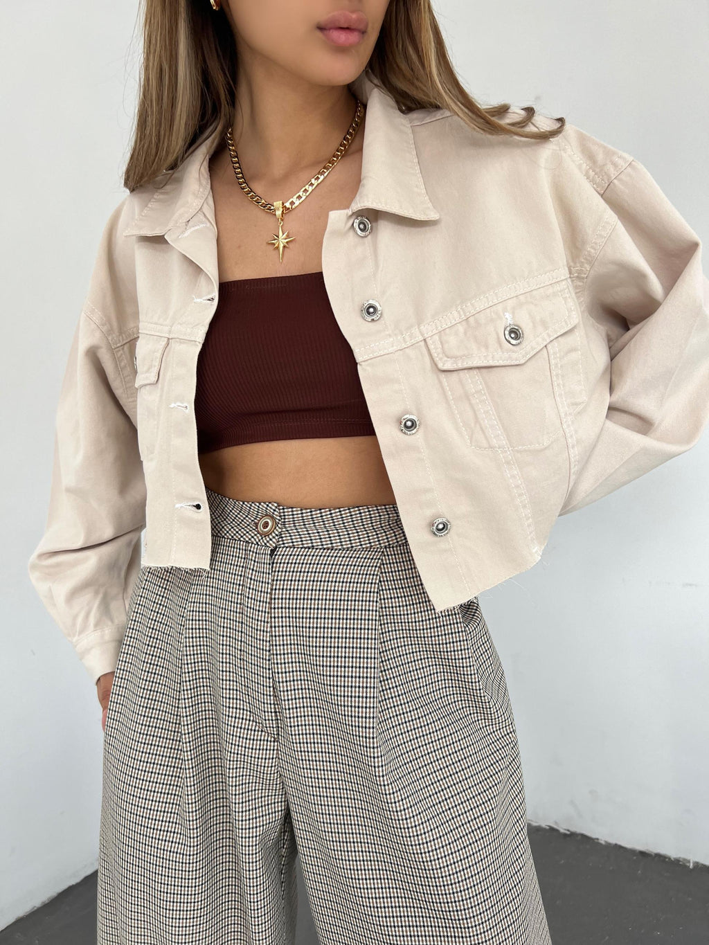Çift Cepli Yıkamalı Crop Denim Ceket