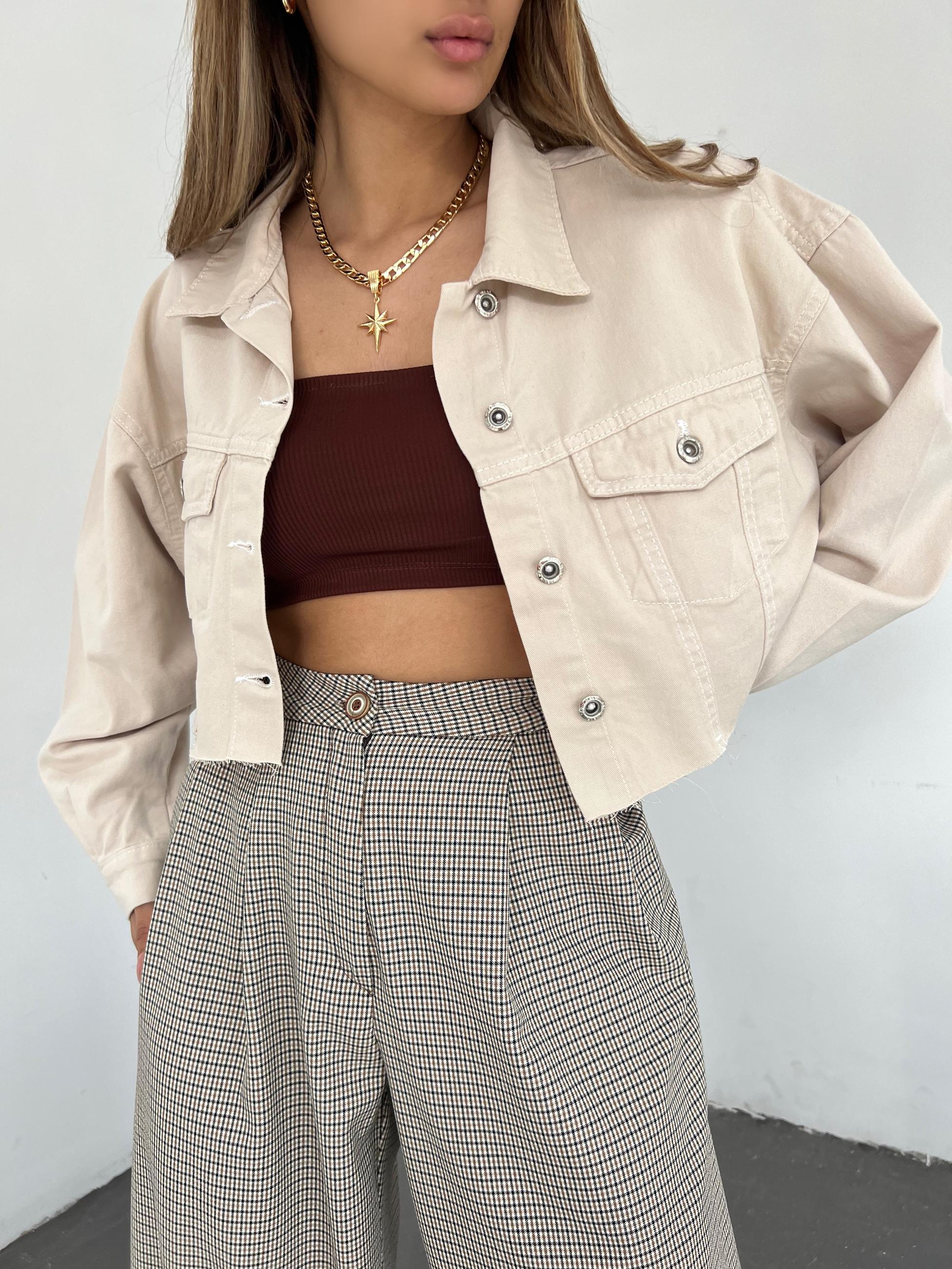 Çift Cepli Yıkamalı Crop Denim Ceket