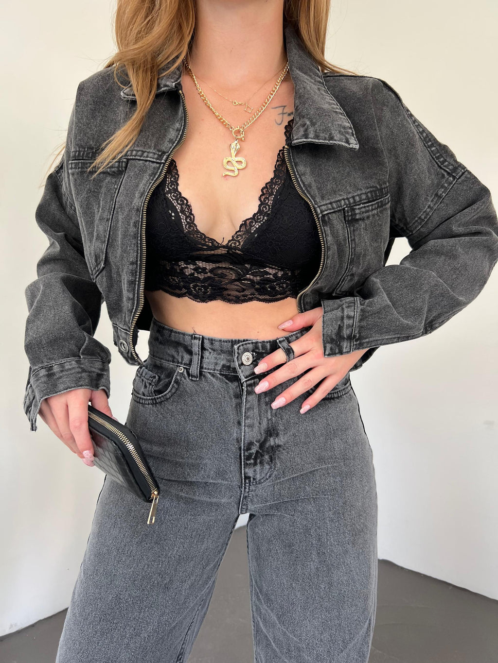 Fermuarlı Çift Cepli Denim Ceket