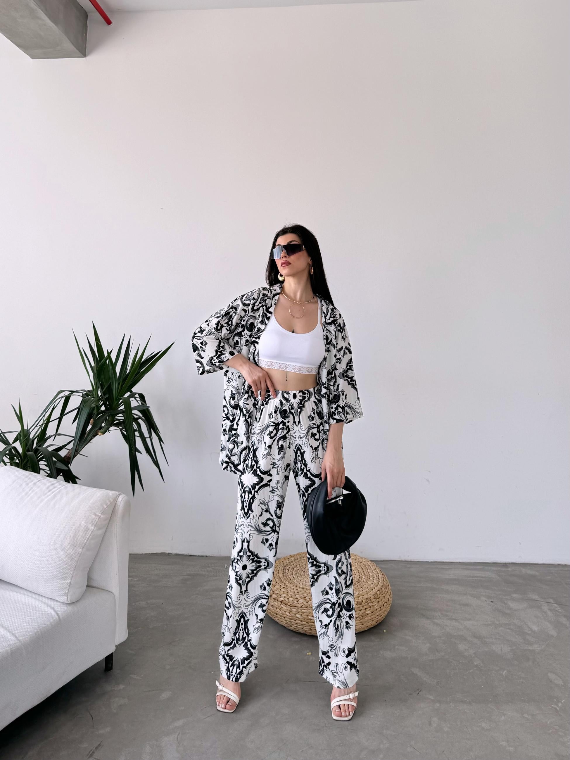 Desenli Kimono Ve Pantolon İkili Takım
