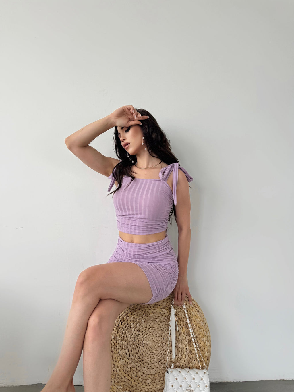 Bağcık Detaylı Crop Bluz Ve Etek İkili Takım