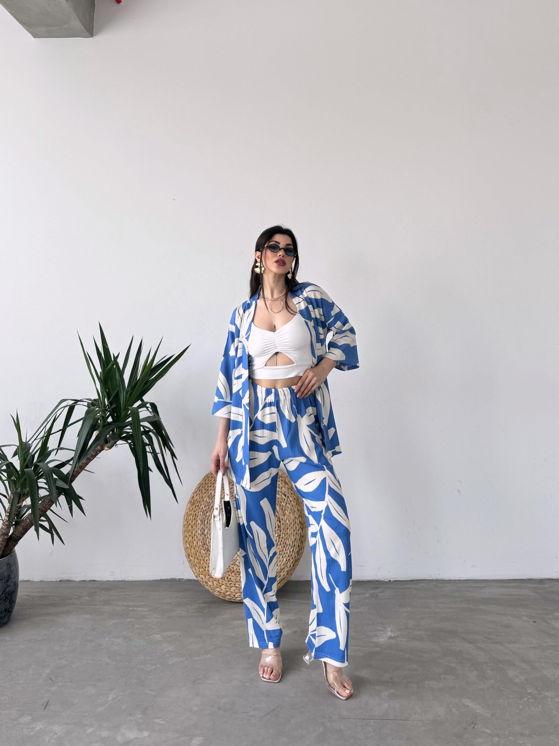 Desenli Kimono Ve Pantolon İkili Takım