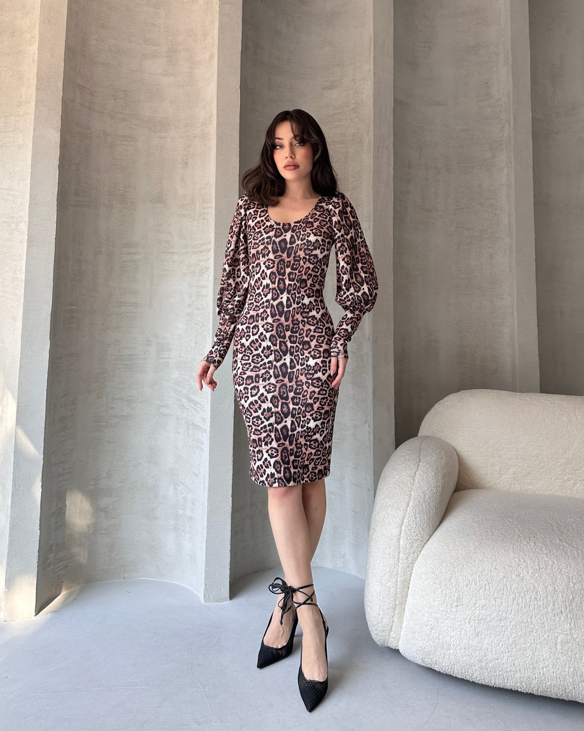 Leopar Desenli Midi Boy Elbise