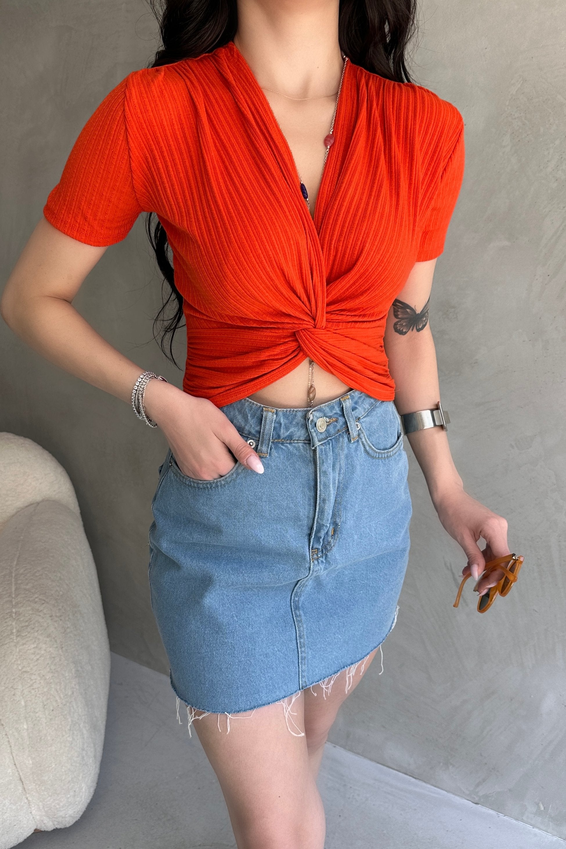 Kruvaze Yaka Crop Bluz