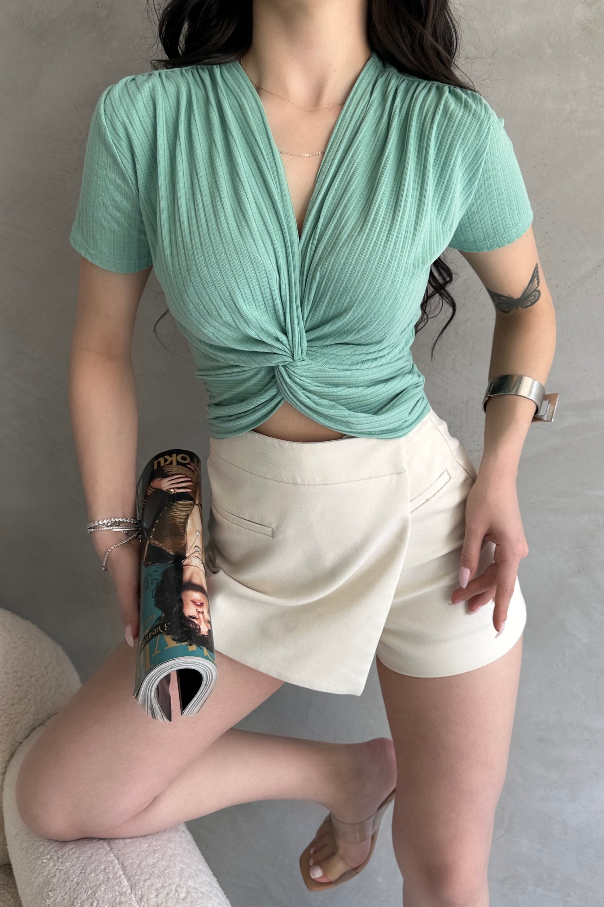 Kruvaze Yaka Crop Bluz