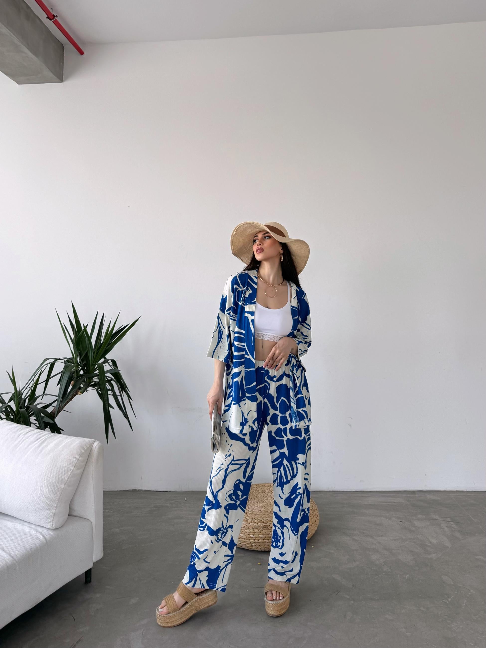 Desenli Kimono Ve Pantolon İkili Takım