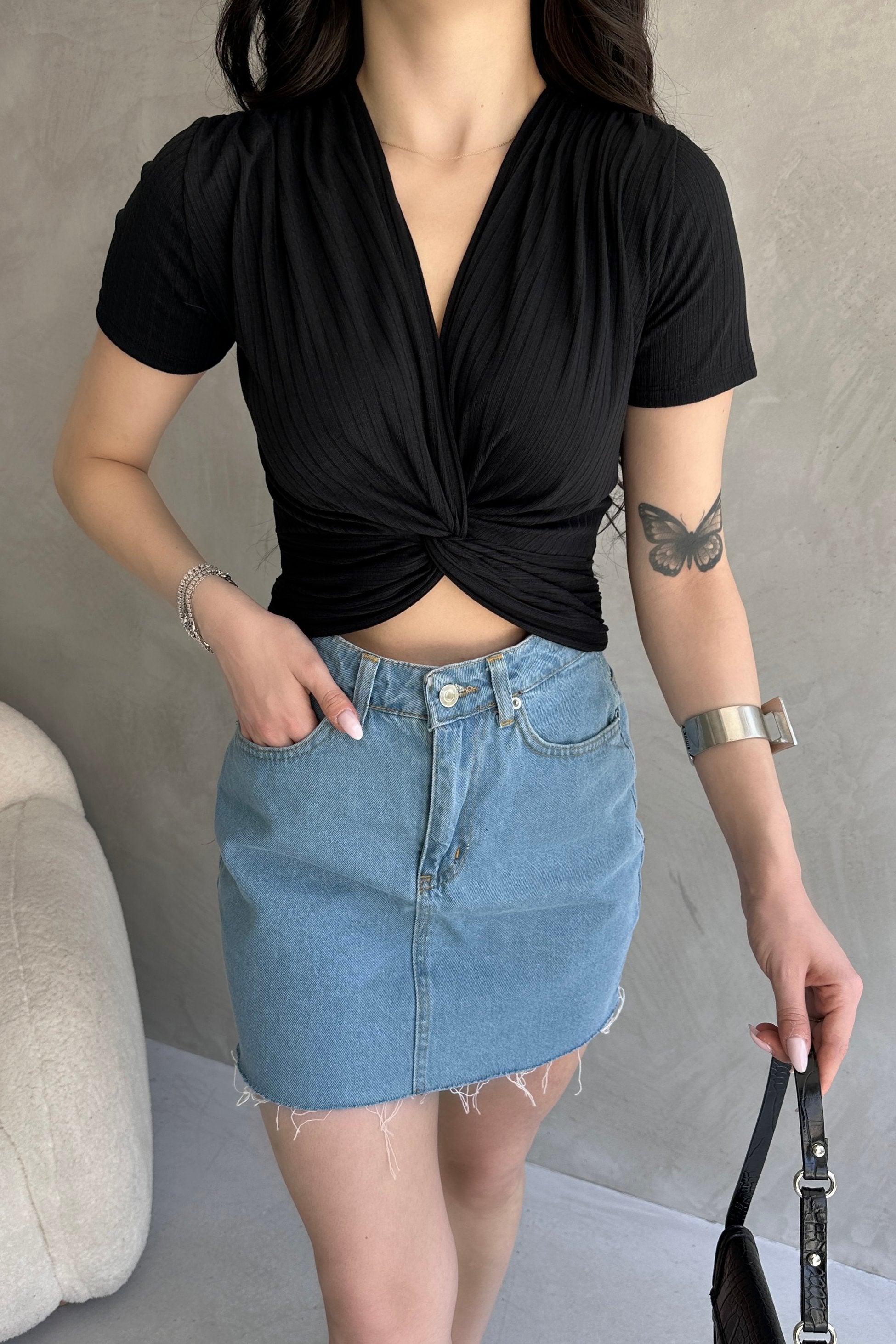 Kruvaze Yaka Crop Bluz