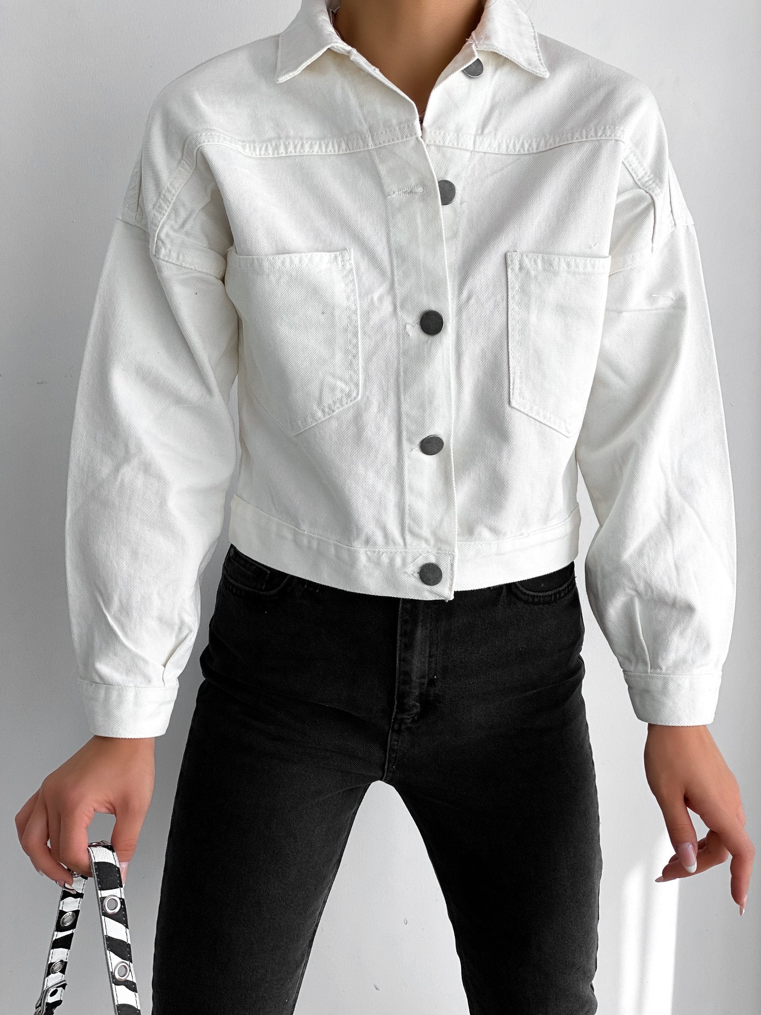 Çift Cepli Denim Crop Ceket