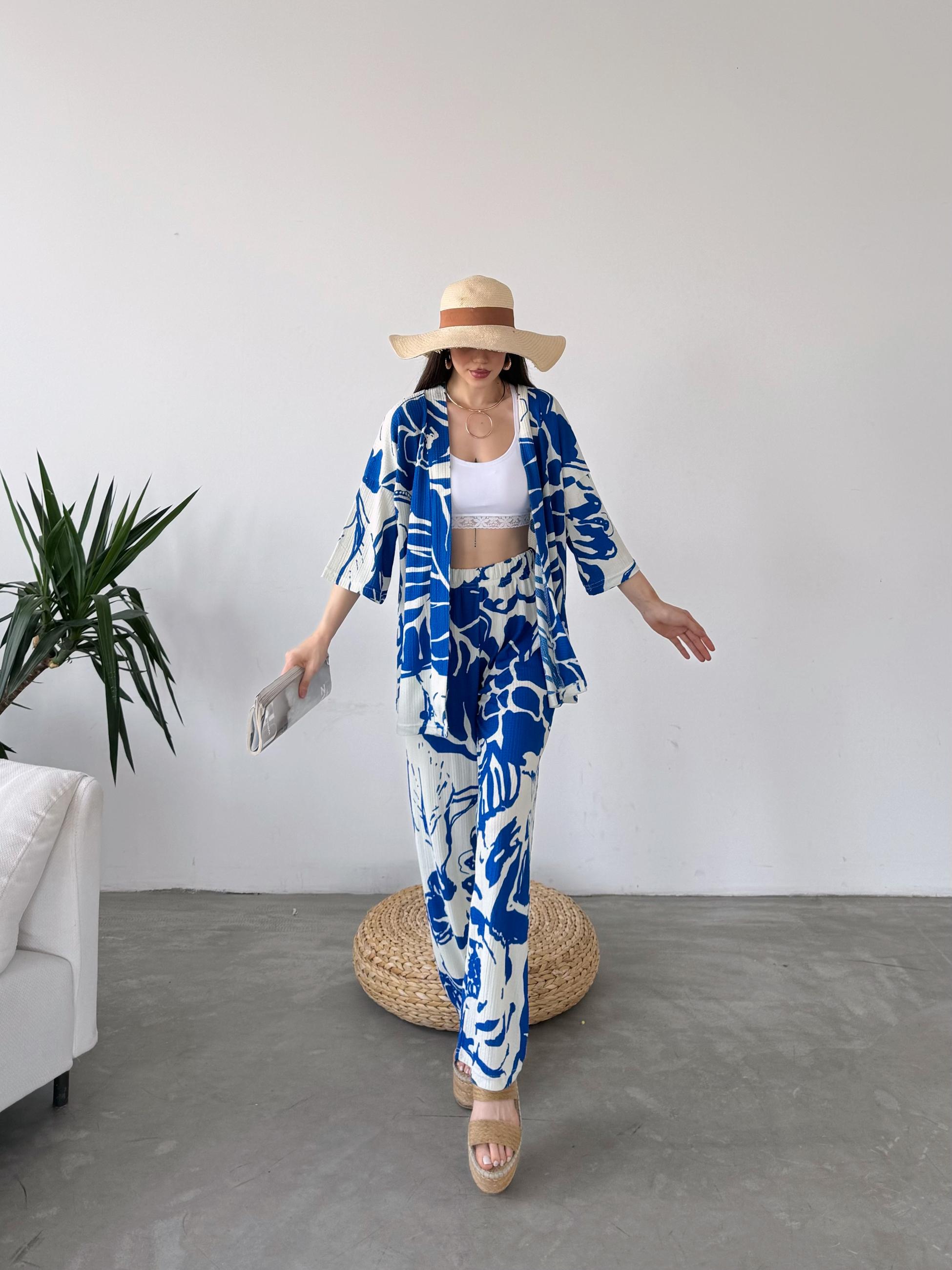 Desenli Kimono Ve Pantolon İkili Takım