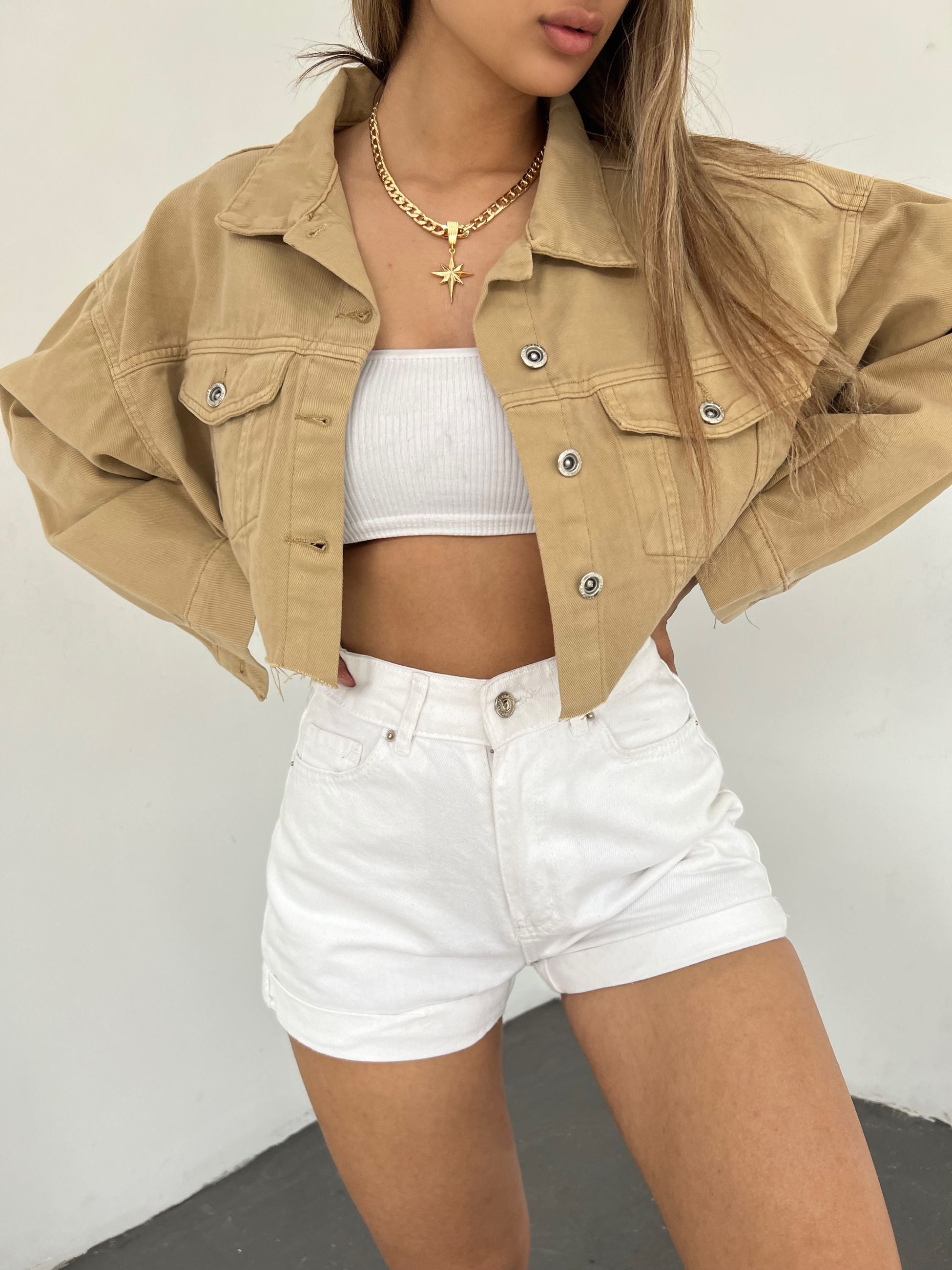 Çift Cepli Yıkamalı Crop Denim Ceket