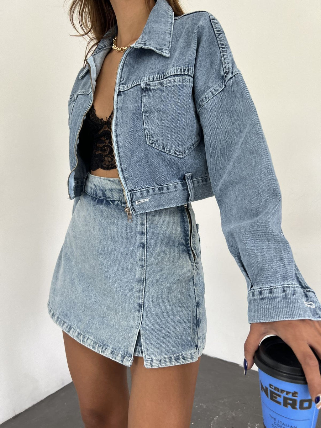 Fermuarlı Çift Cepli Denim Ceket