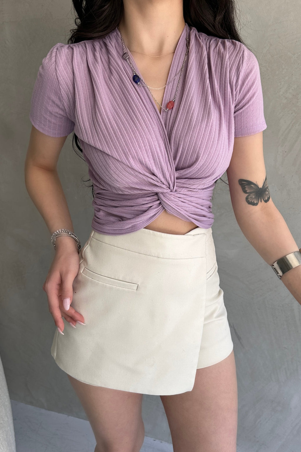 Kruvaze Yaka Crop Bluz