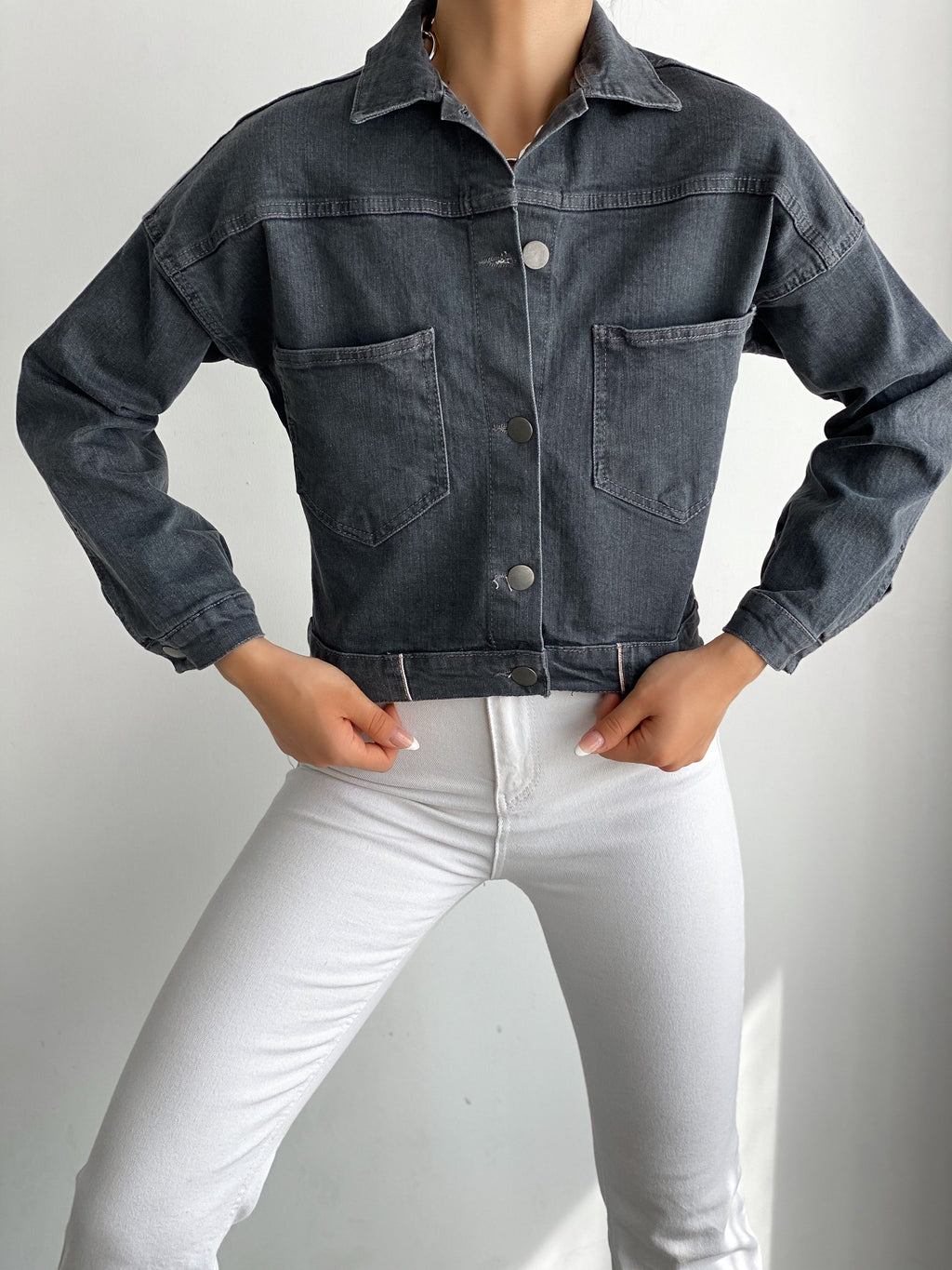 Çift Cepli Denim Crop Ceket