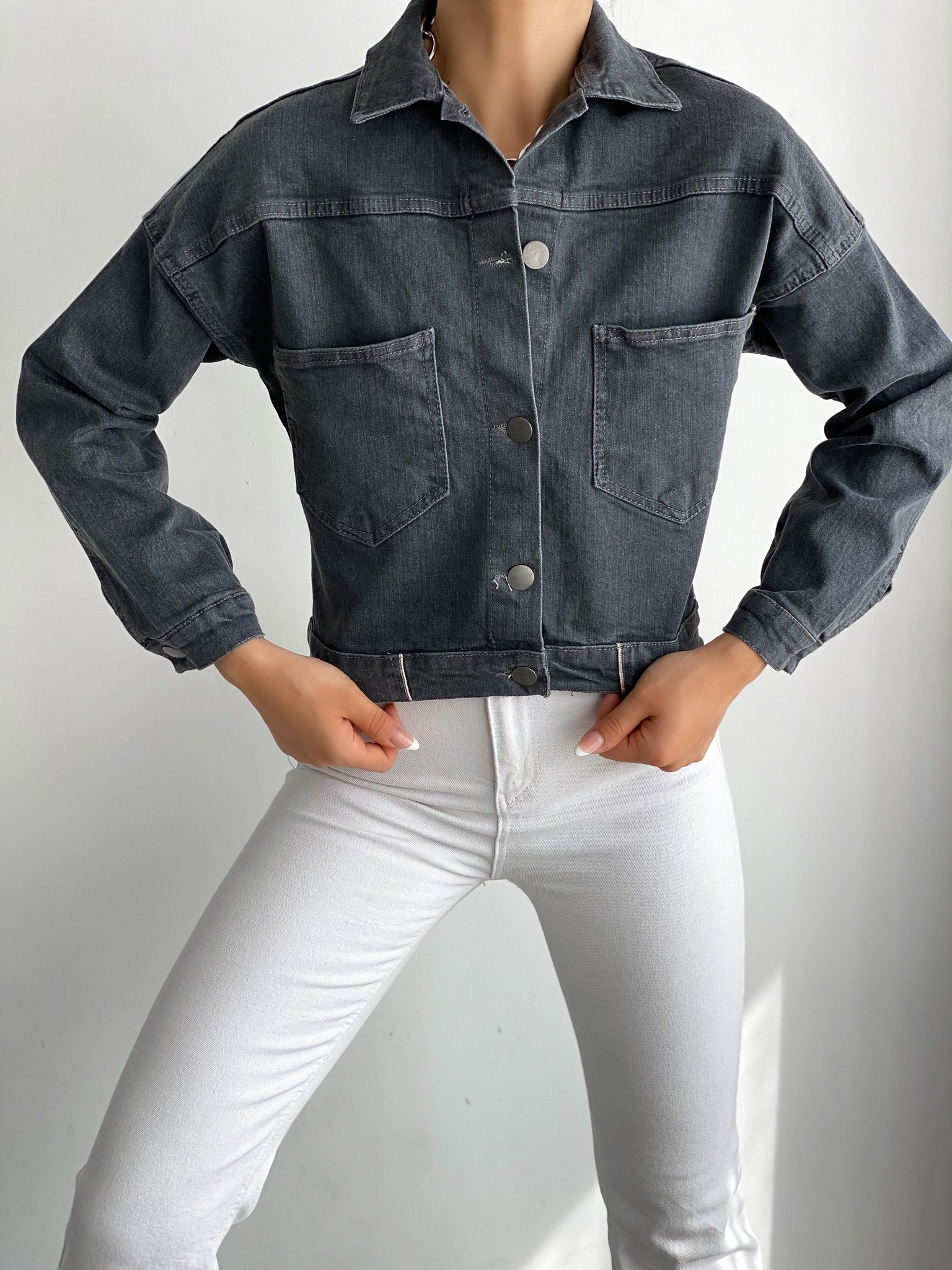 Çift Cepli Denim Crop Ceket