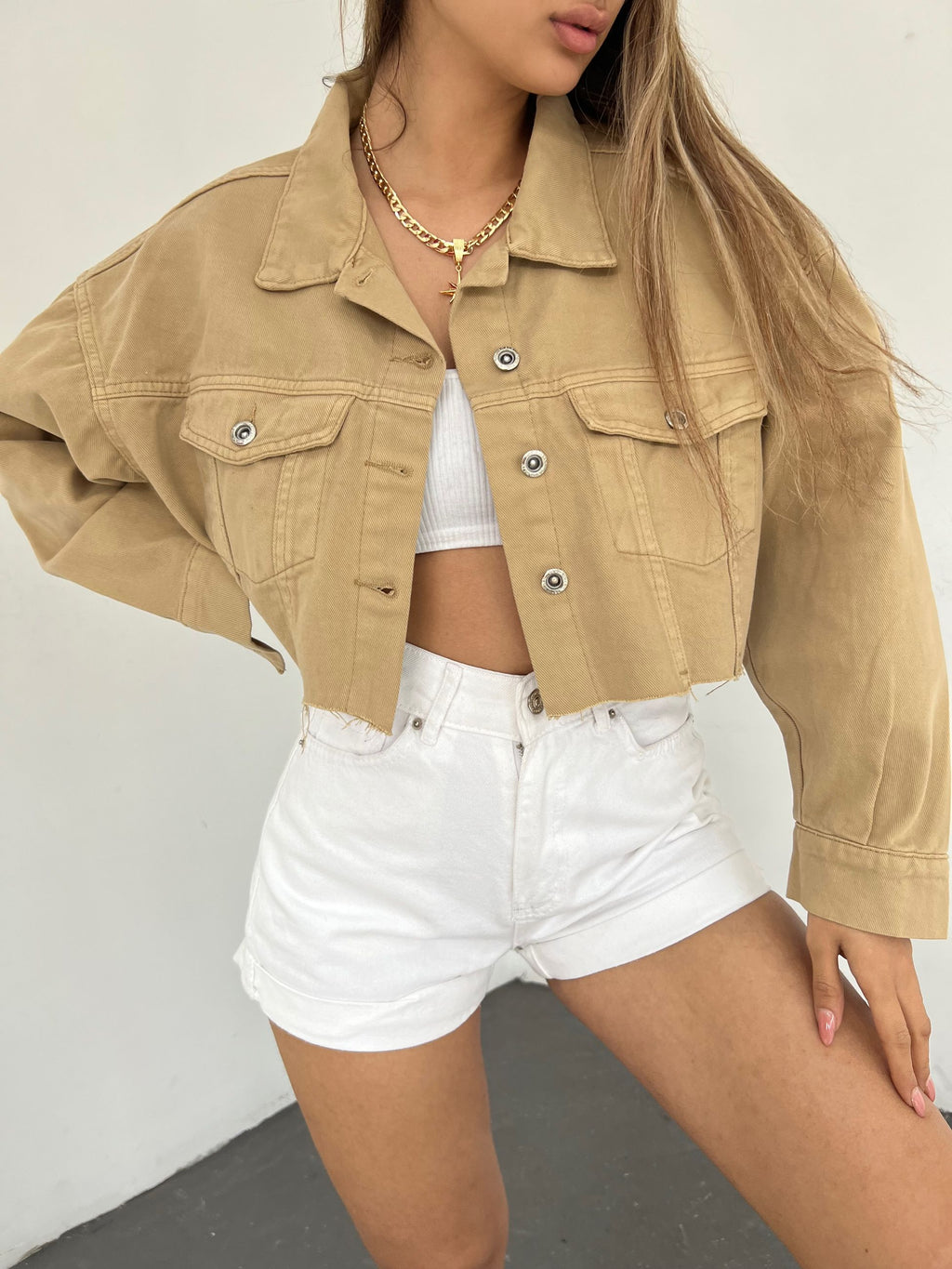 Çift Cepli Yıkamalı Crop Denim Ceket