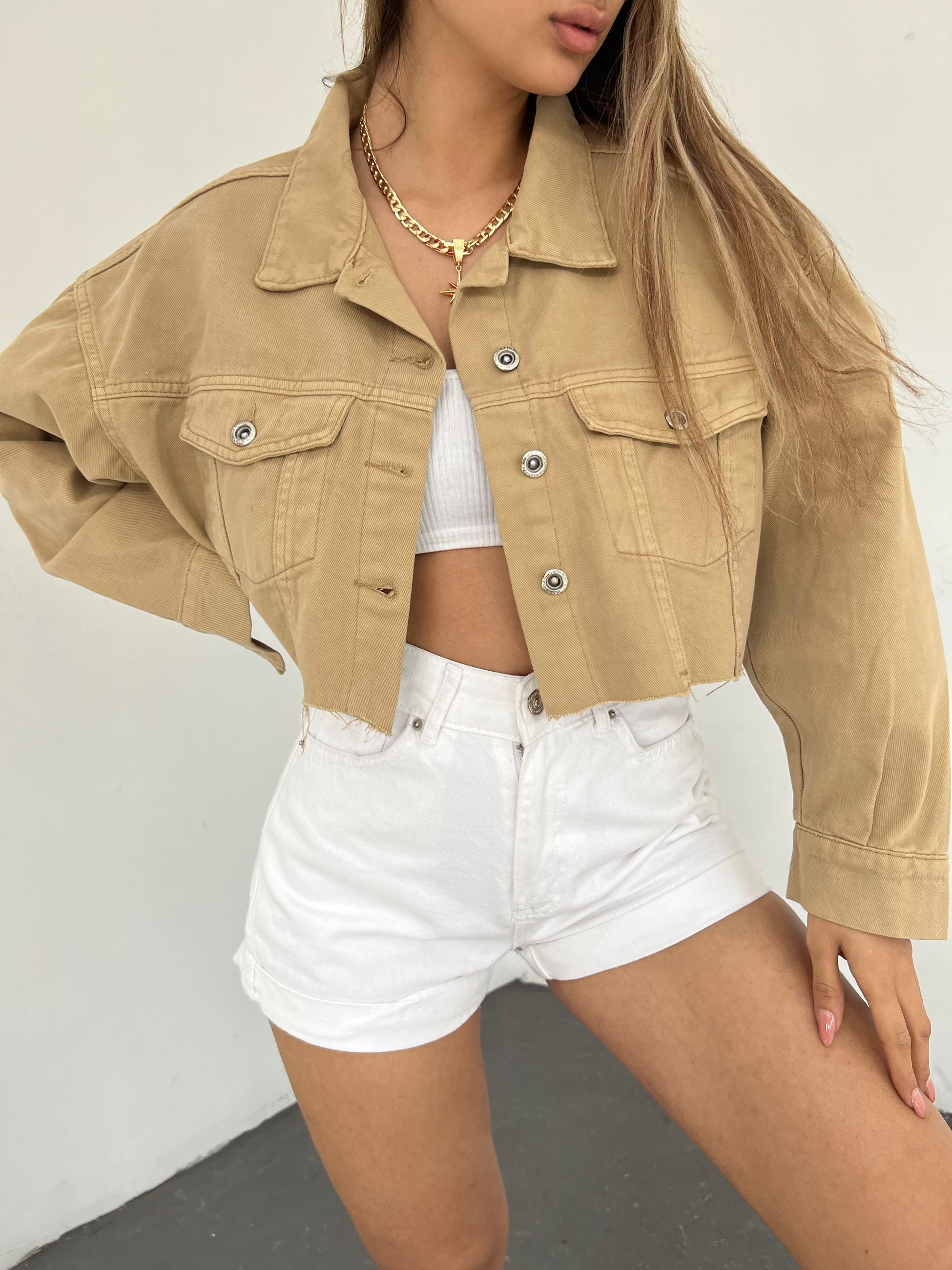 Çift Cepli Yıkamalı Crop Denim Ceket