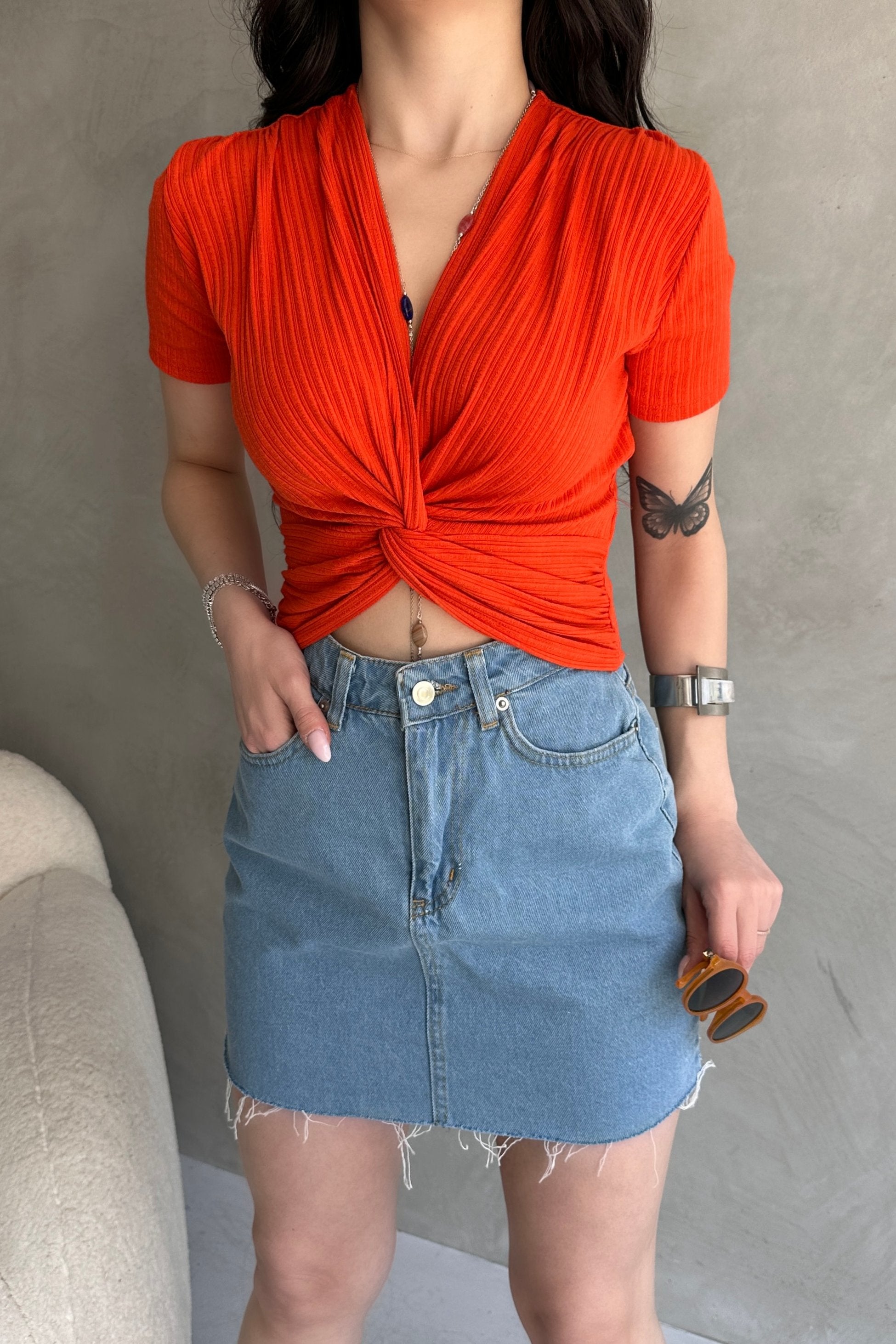Kruvaze Yaka Crop Bluz