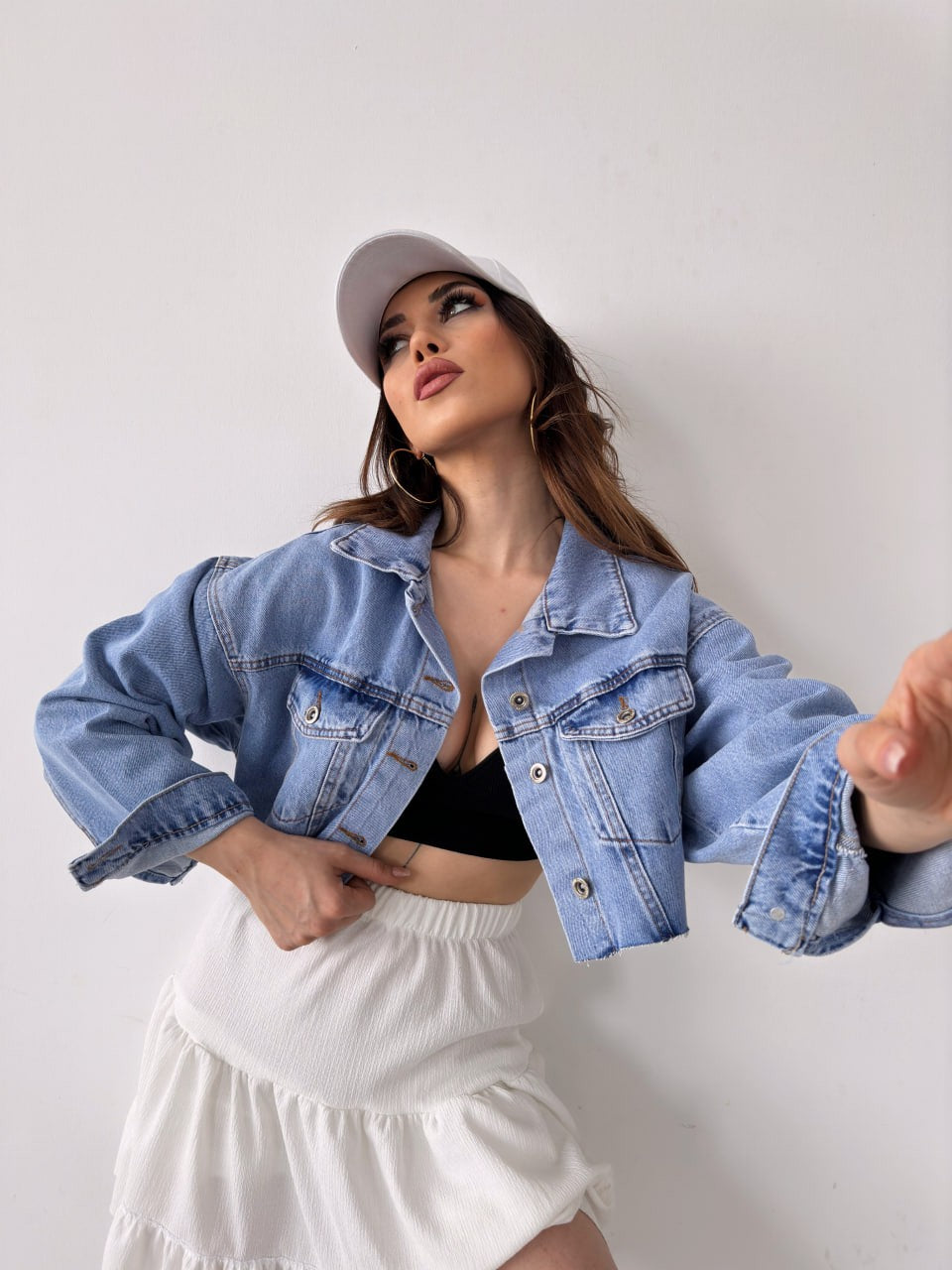 Çift Cepli Yıkamalı Crop Denim Ceket