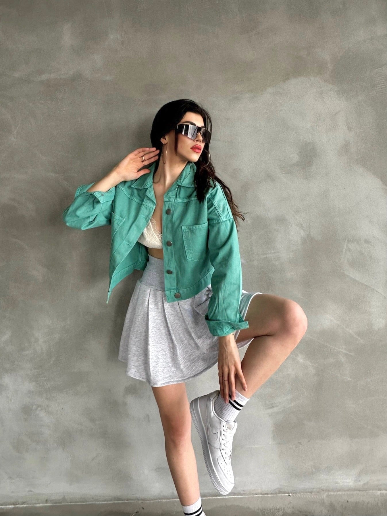 Çift Cepli Denim Crop Ceket