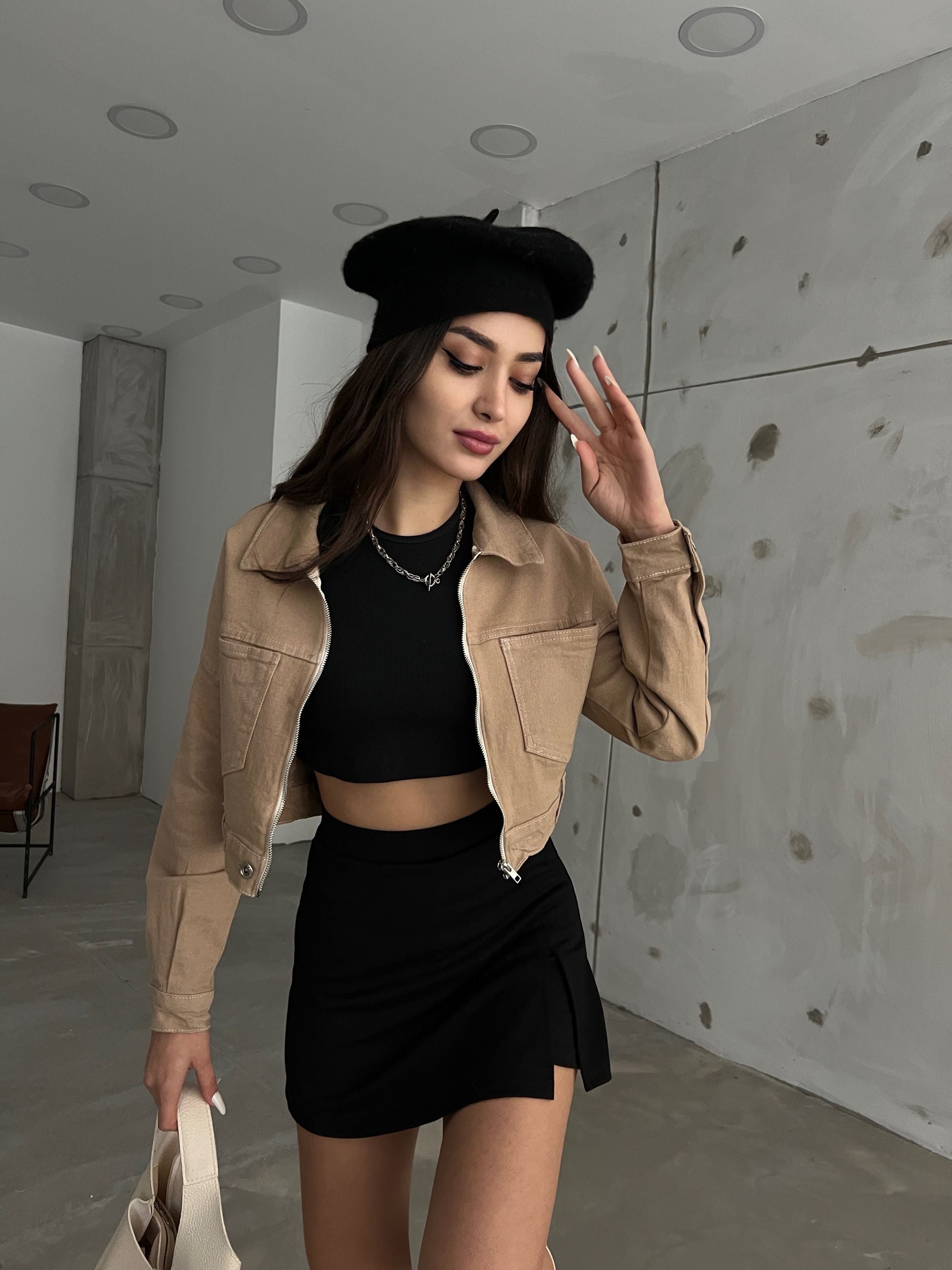 Fermuarlı Çift Cepli Denim Ceket