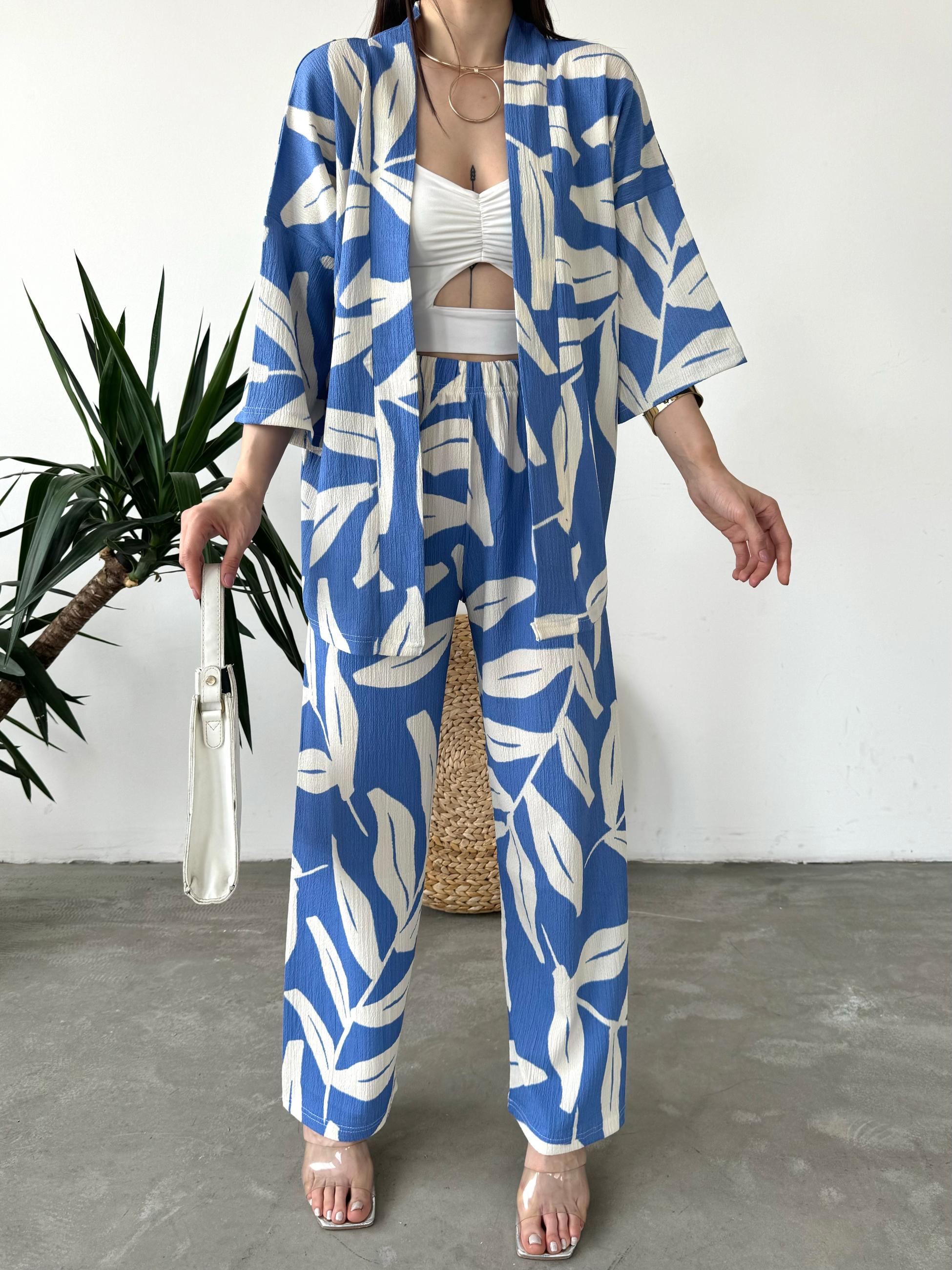 Desenli Kimono Ve Pantolon İkili Takım