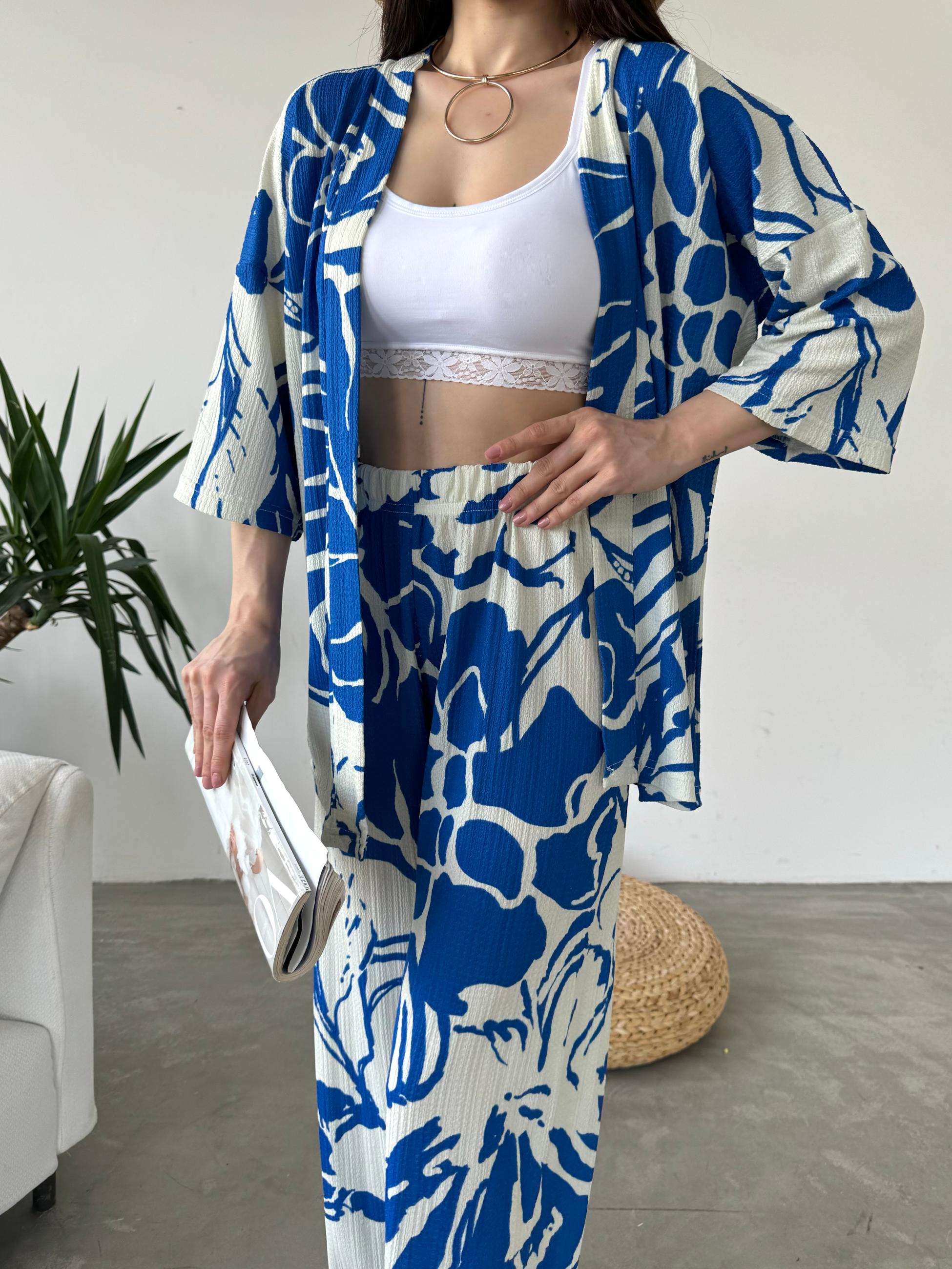 Desenli Kimono Ve Pantolon İkili Takım