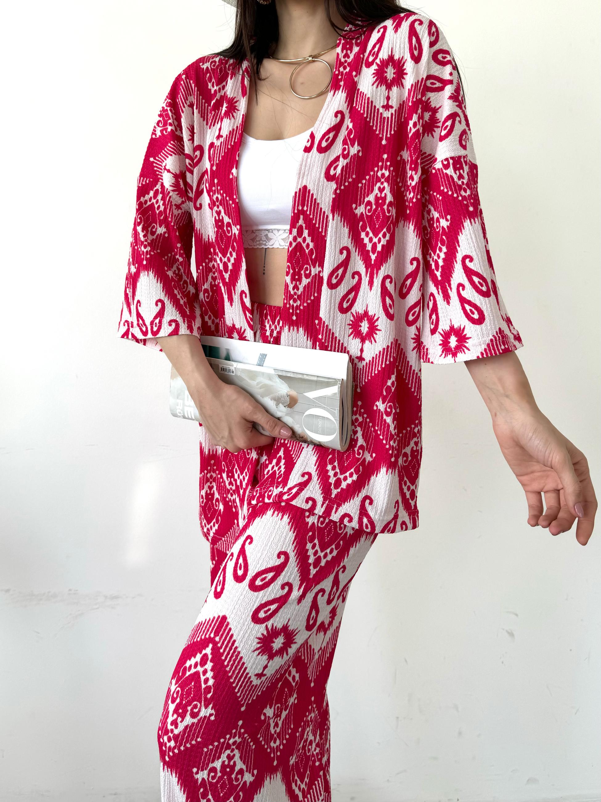 Desenli Kimono Ve Pantolon İkili Takım