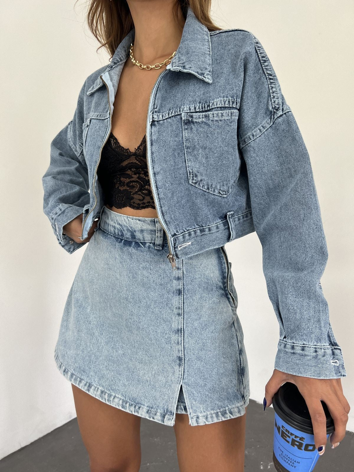 Fermuarlı Çift Cepli Denim Ceket