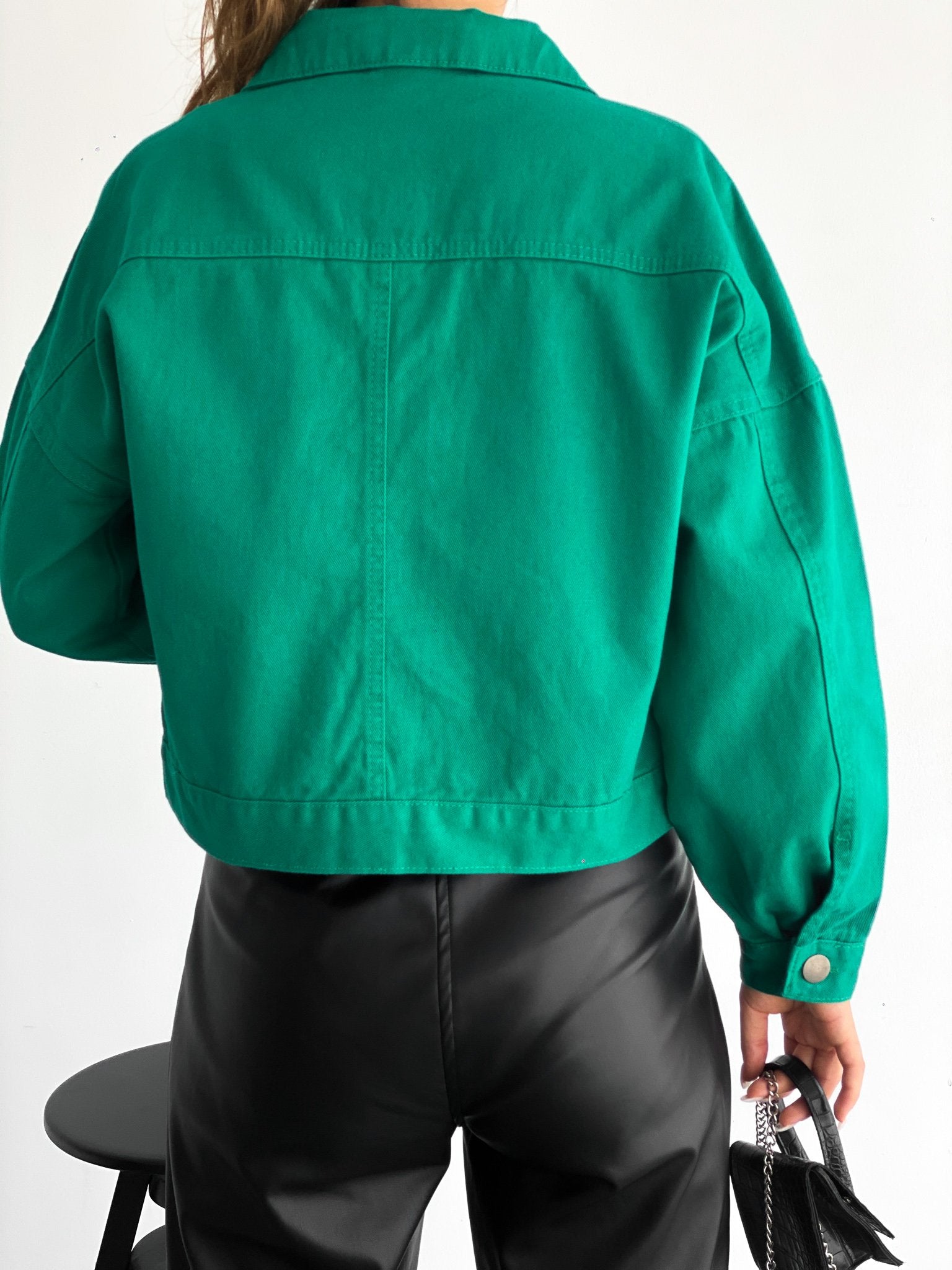 Çift Cepli Denim Crop Ceket