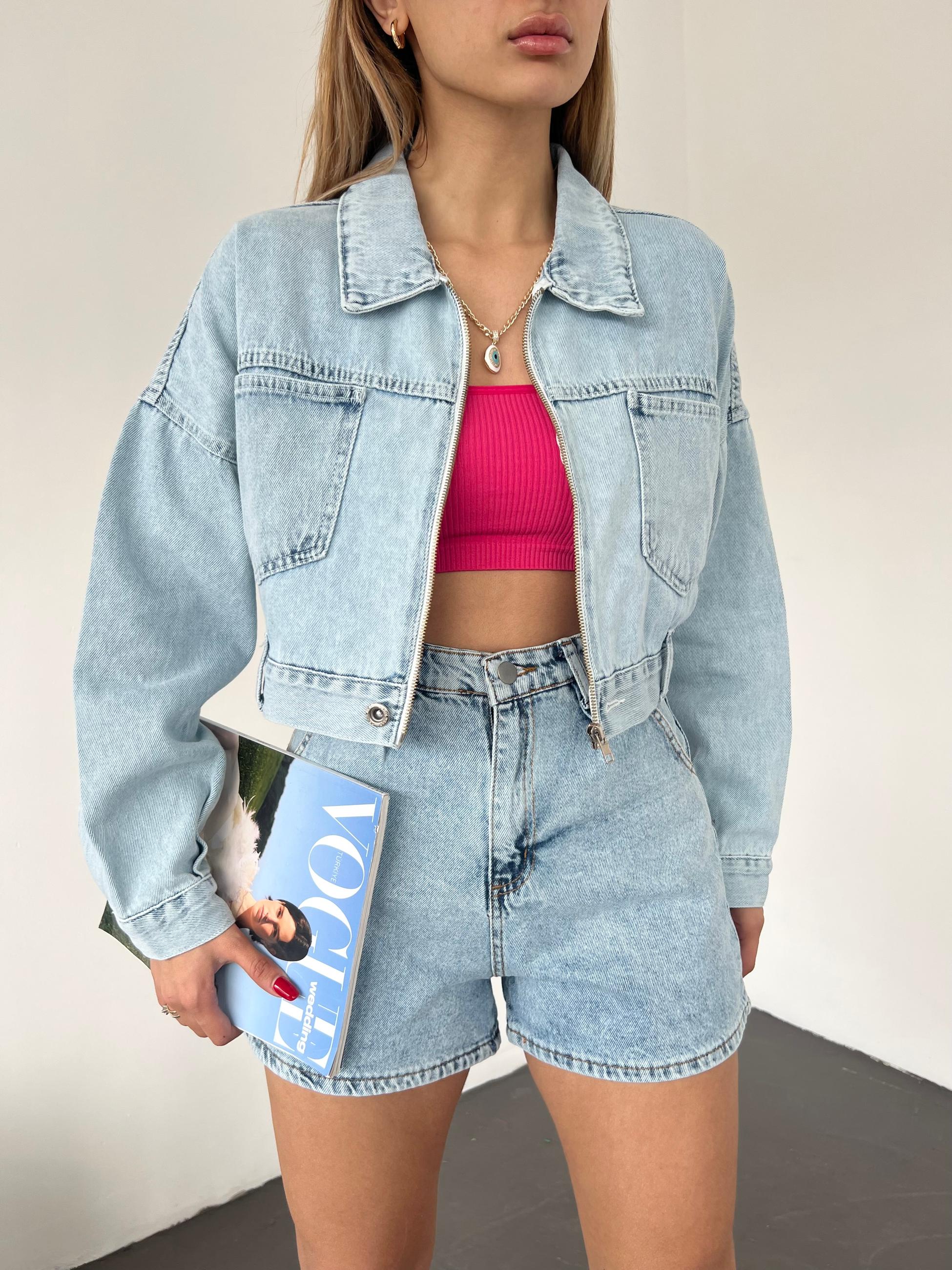 Fermuarlı Çift Cepli Denim Ceket