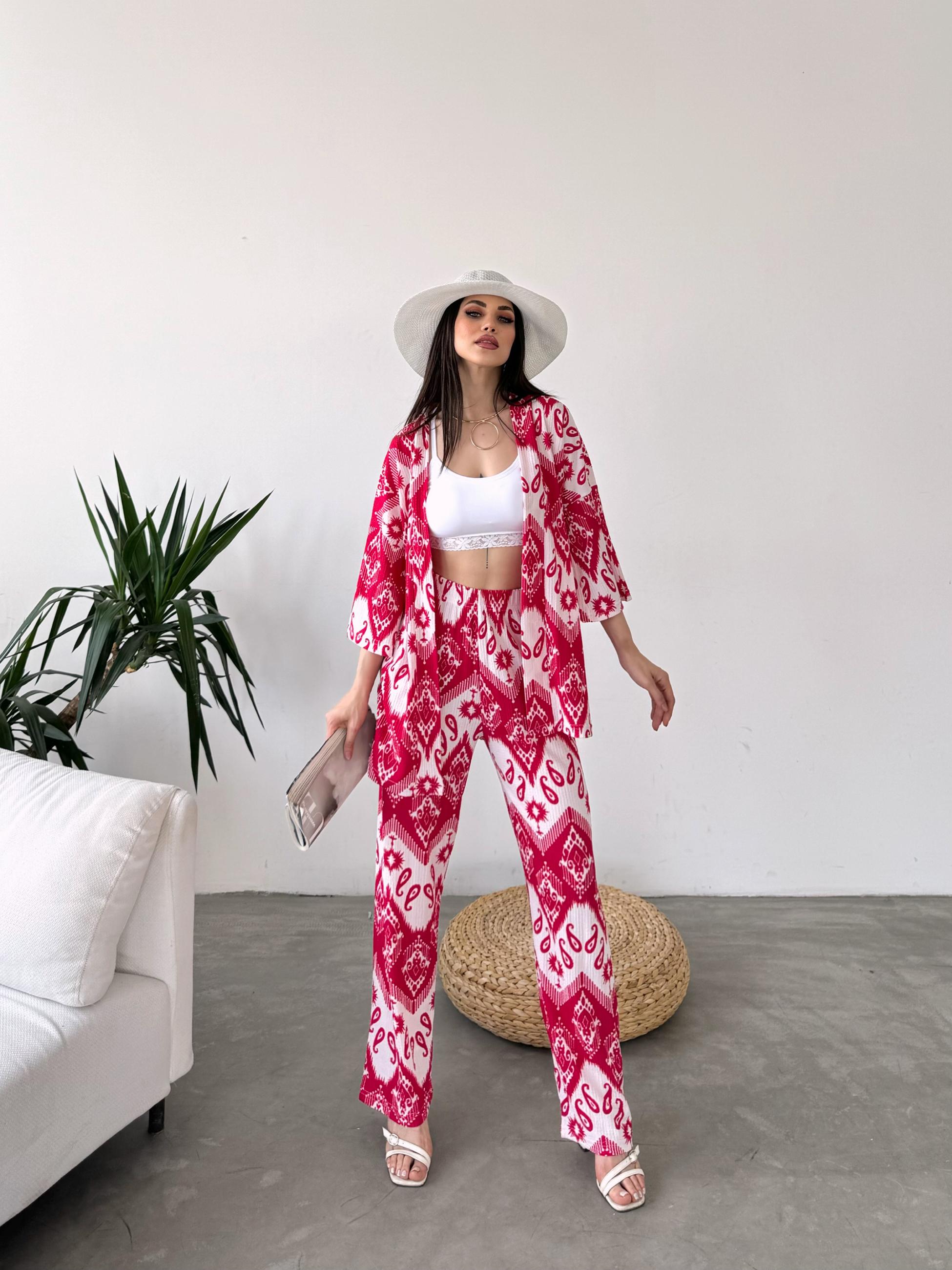 Desenli Kimono Ve Pantolon İkili Takım