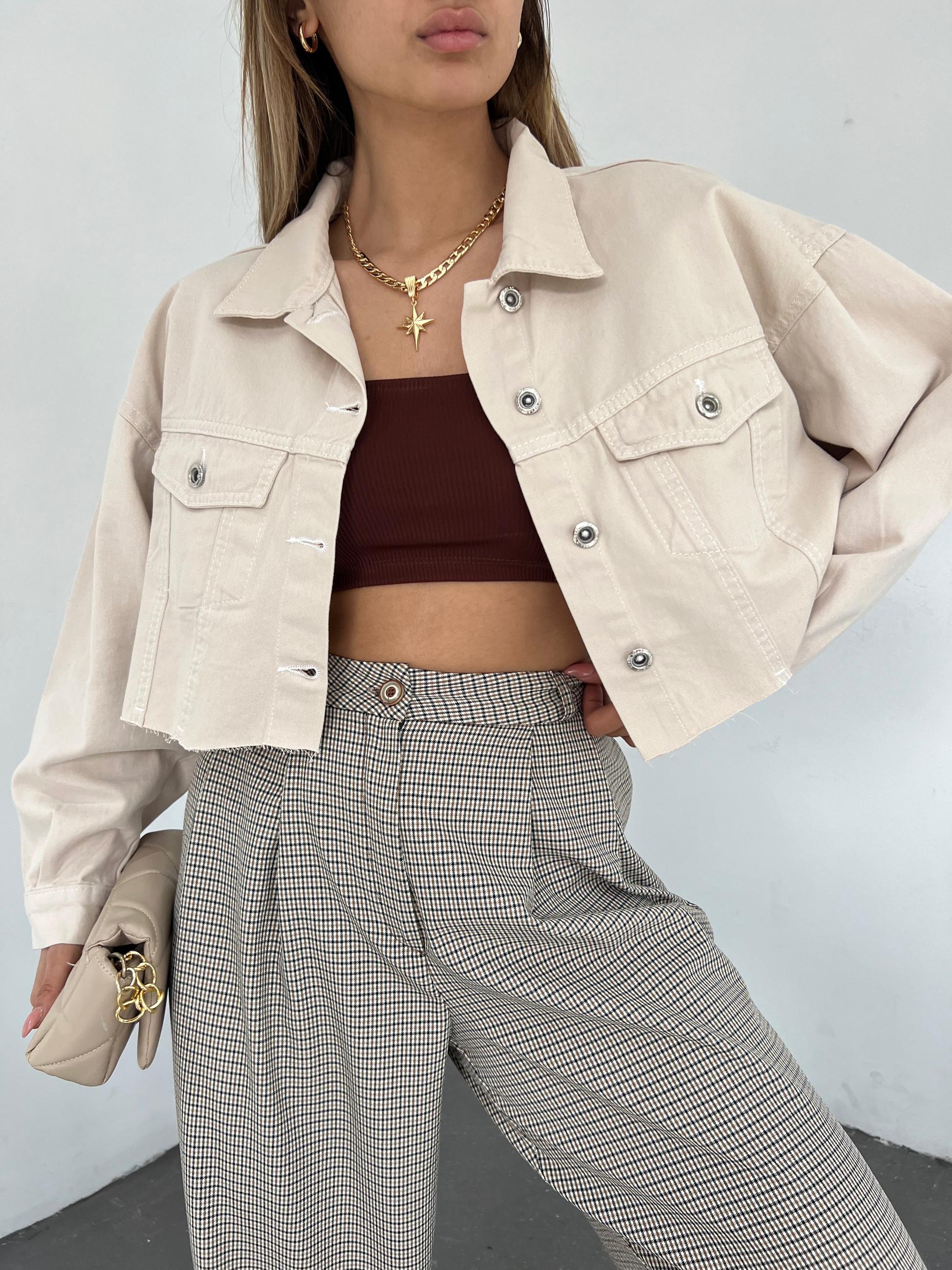 Çift Cepli Yıkamalı Crop Denim Ceket