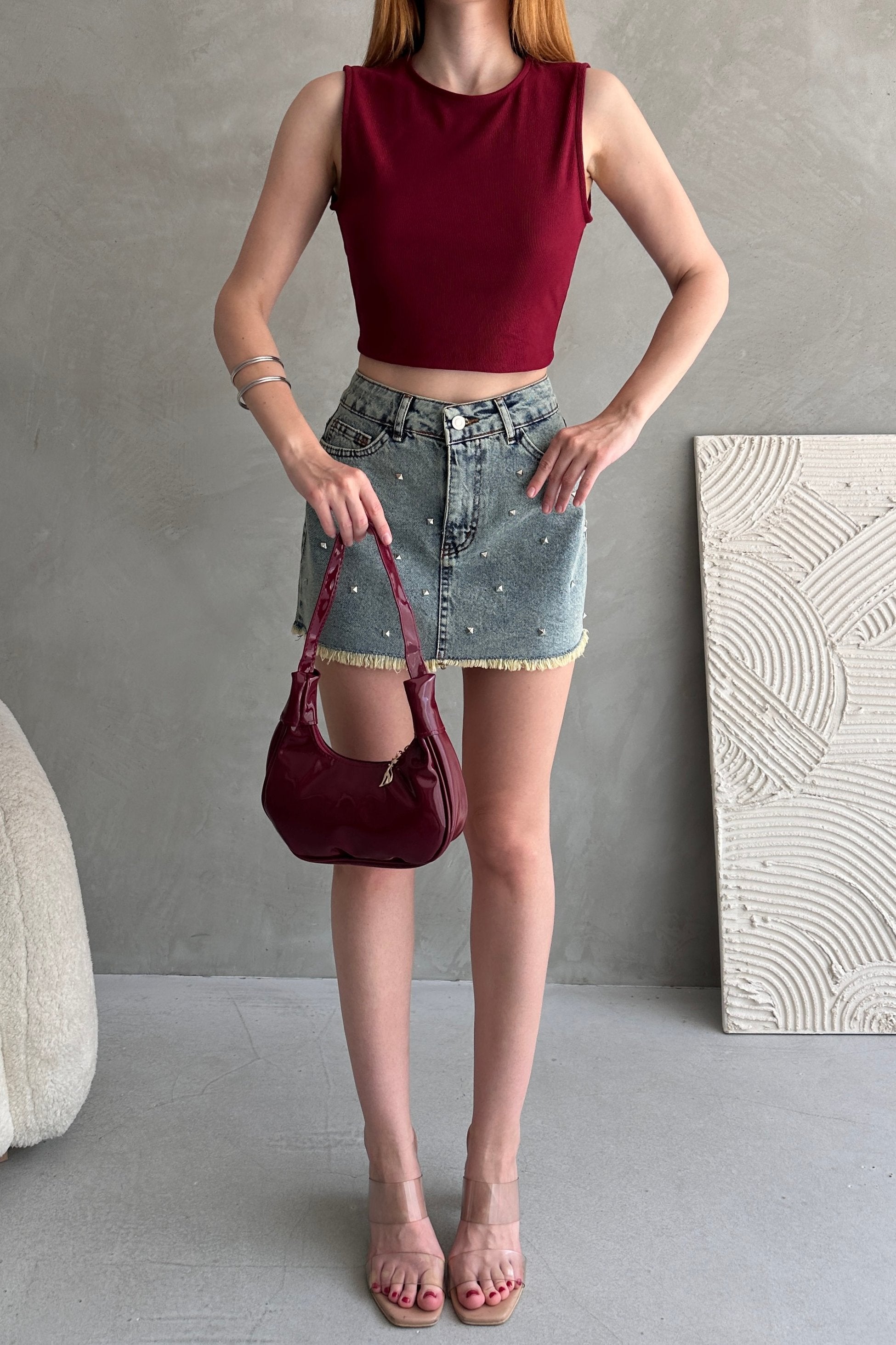 Sırtı Kemer Detaylı Kaşkorse Crop Bluz