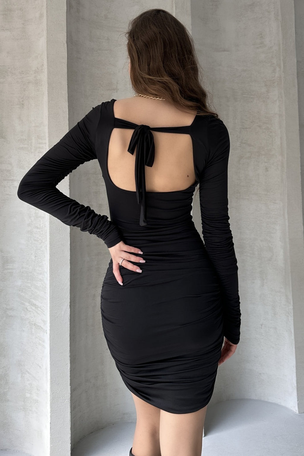 Kare Yaka Drapeli Mini Elbise