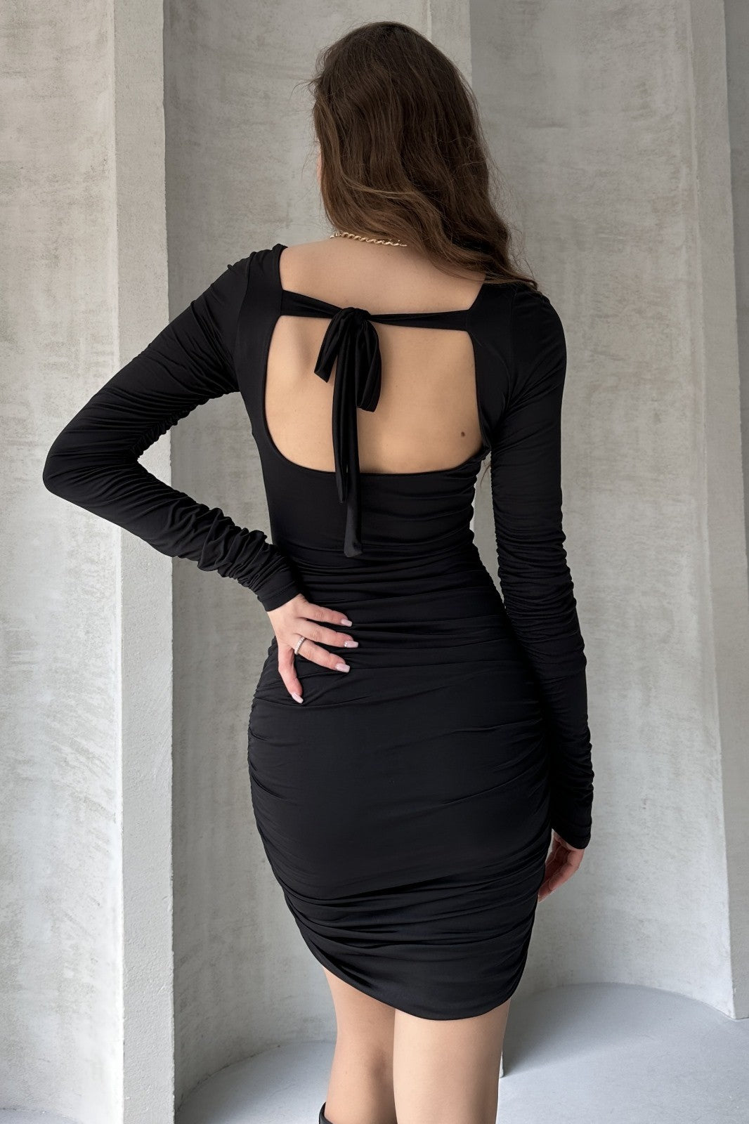 Kare Yaka Drapeli Mini Elbise
