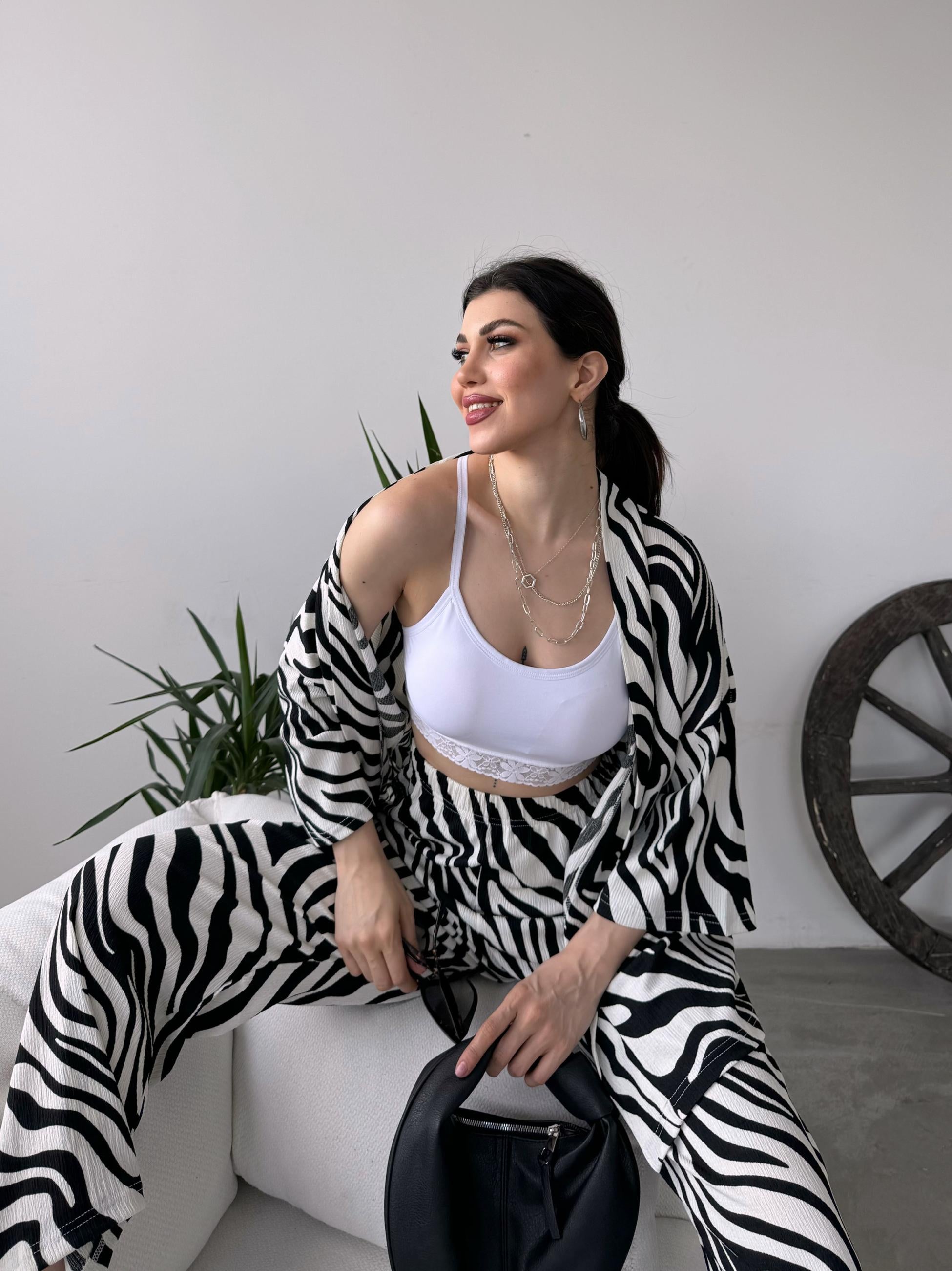 Desenli Kimono Ve Pantolon İkili Takım
