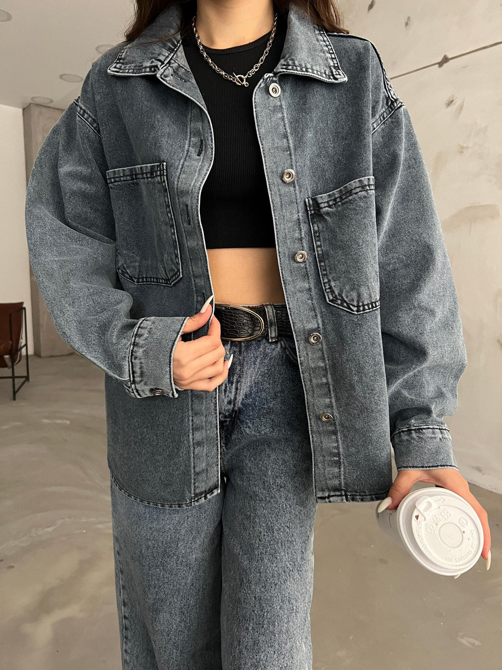 Çift Cepli Oversize Denim Gömlek Ceket