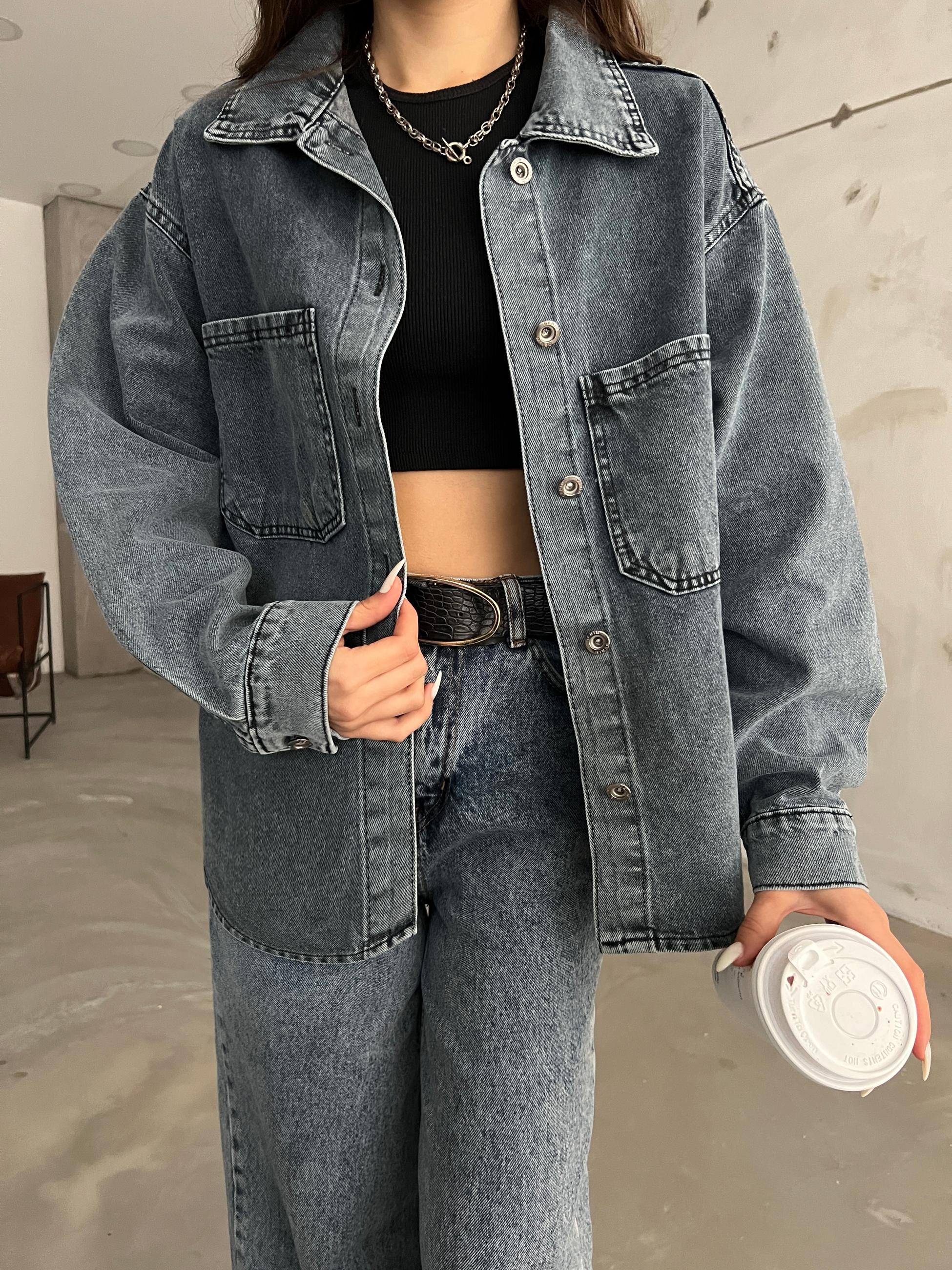 Çift Cepli Oversize Denim Gömlek Ceket