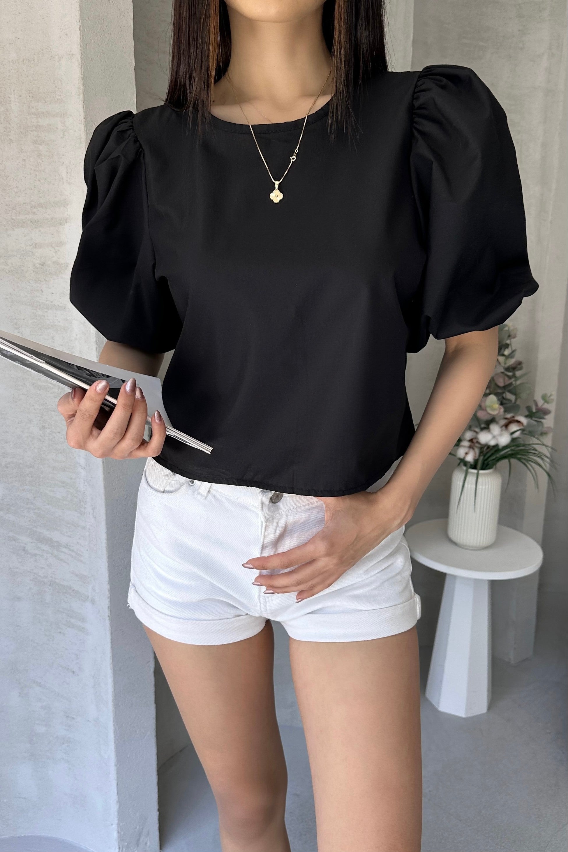 Karpuz Kol Sırtı Fiyonk Detaylı Poplin Bluz