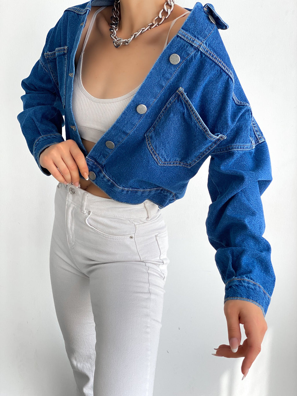 Çift Cepli Denim Crop Ceket