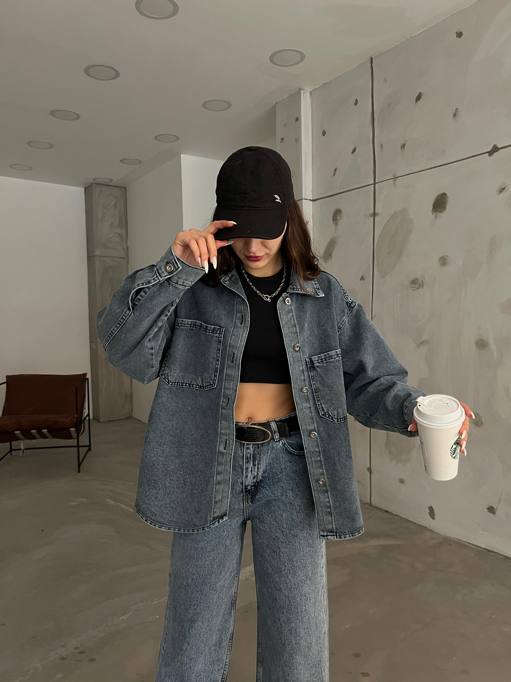 Çift Cepli Oversize Denim Gömlek Ceket