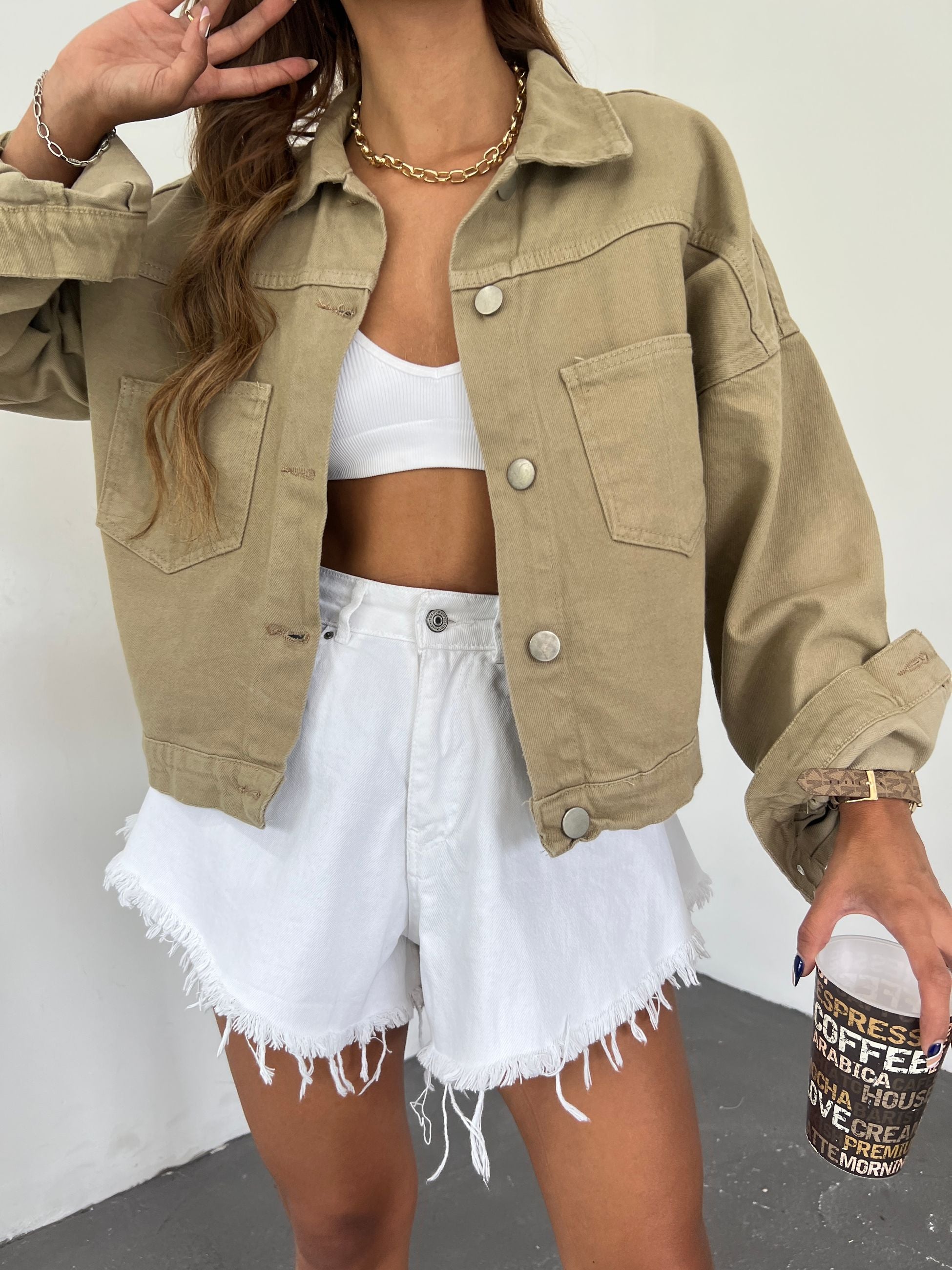 Çift Cepli Denim Crop Ceket