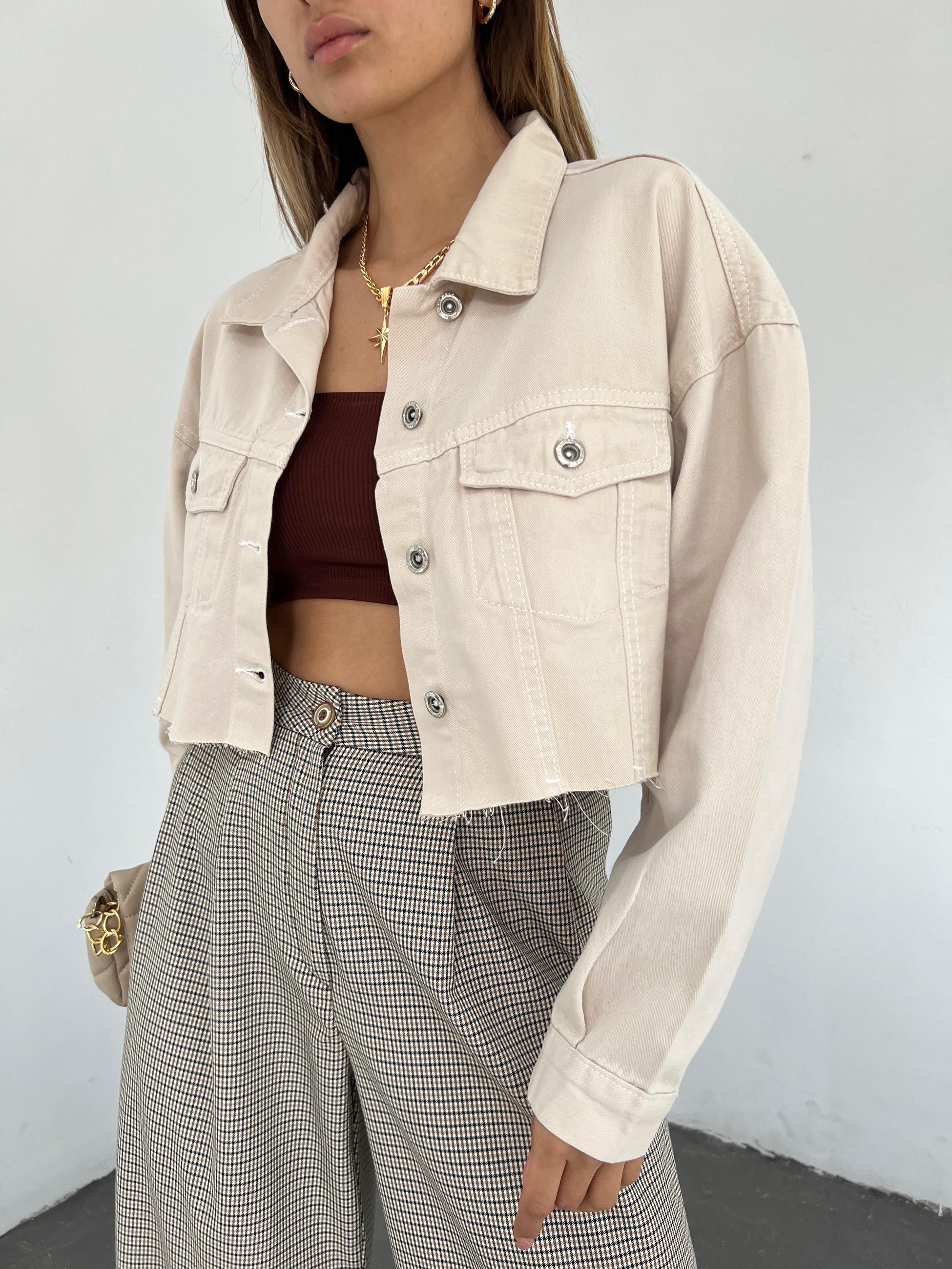 Çift Cepli Yıkamalı Crop Denim Ceket