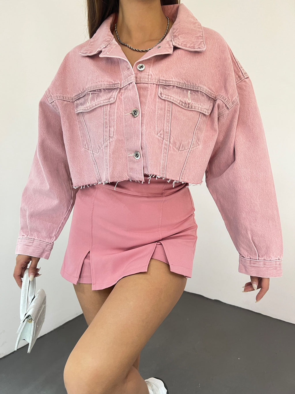 Çift Cepli Yıkamalı Crop Denim Ceket
