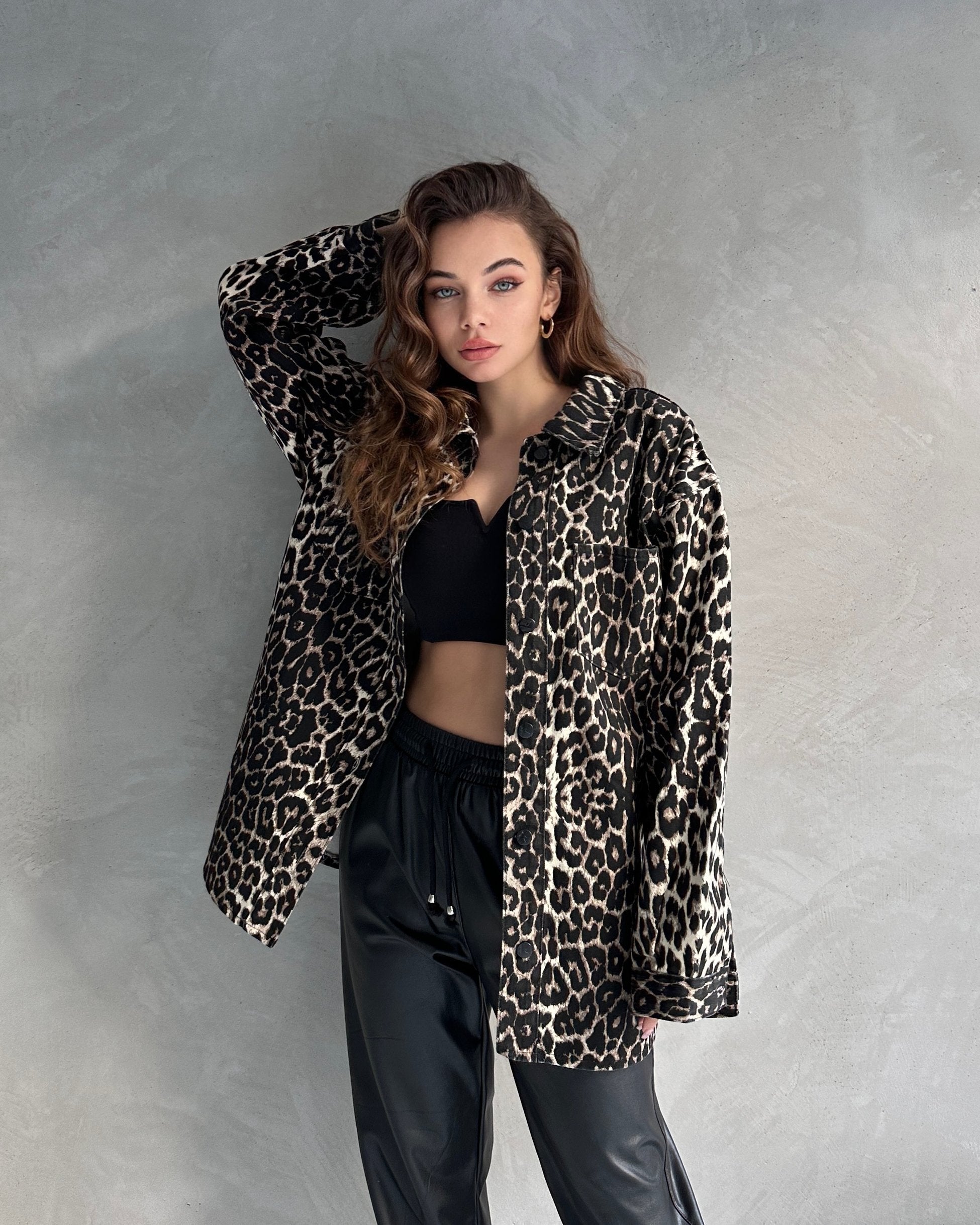 Leopar Desen Çift Cep Oversize Denim Gömlek Ceket