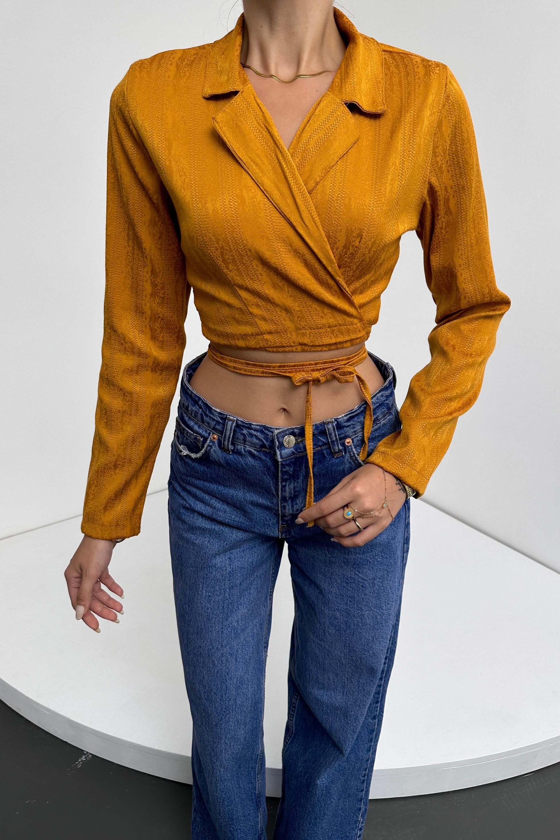 Gömlek Yaka Beli Bağlamalı Crop Bluz