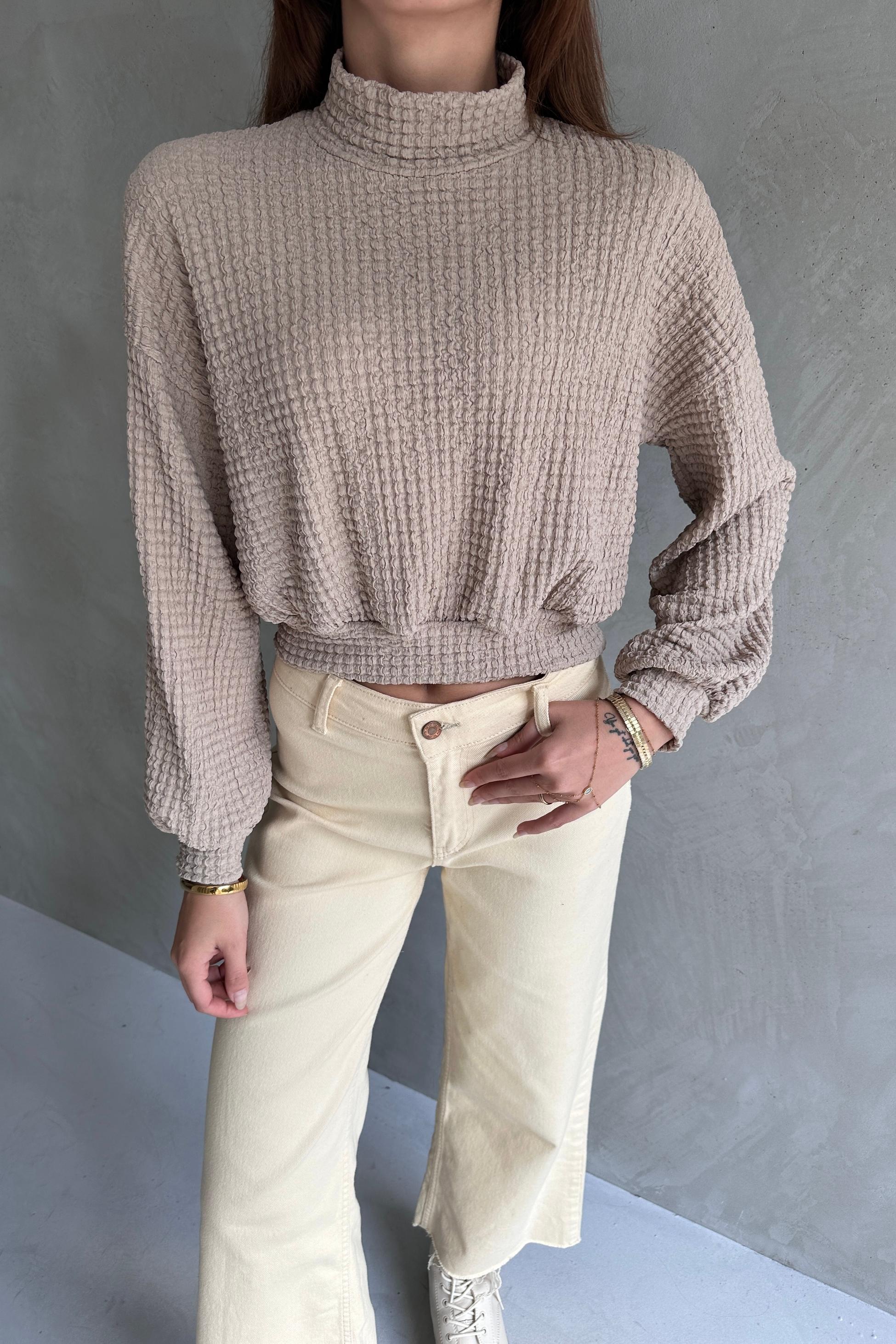Balıkçı Yaka Dokulu Crop Bluz