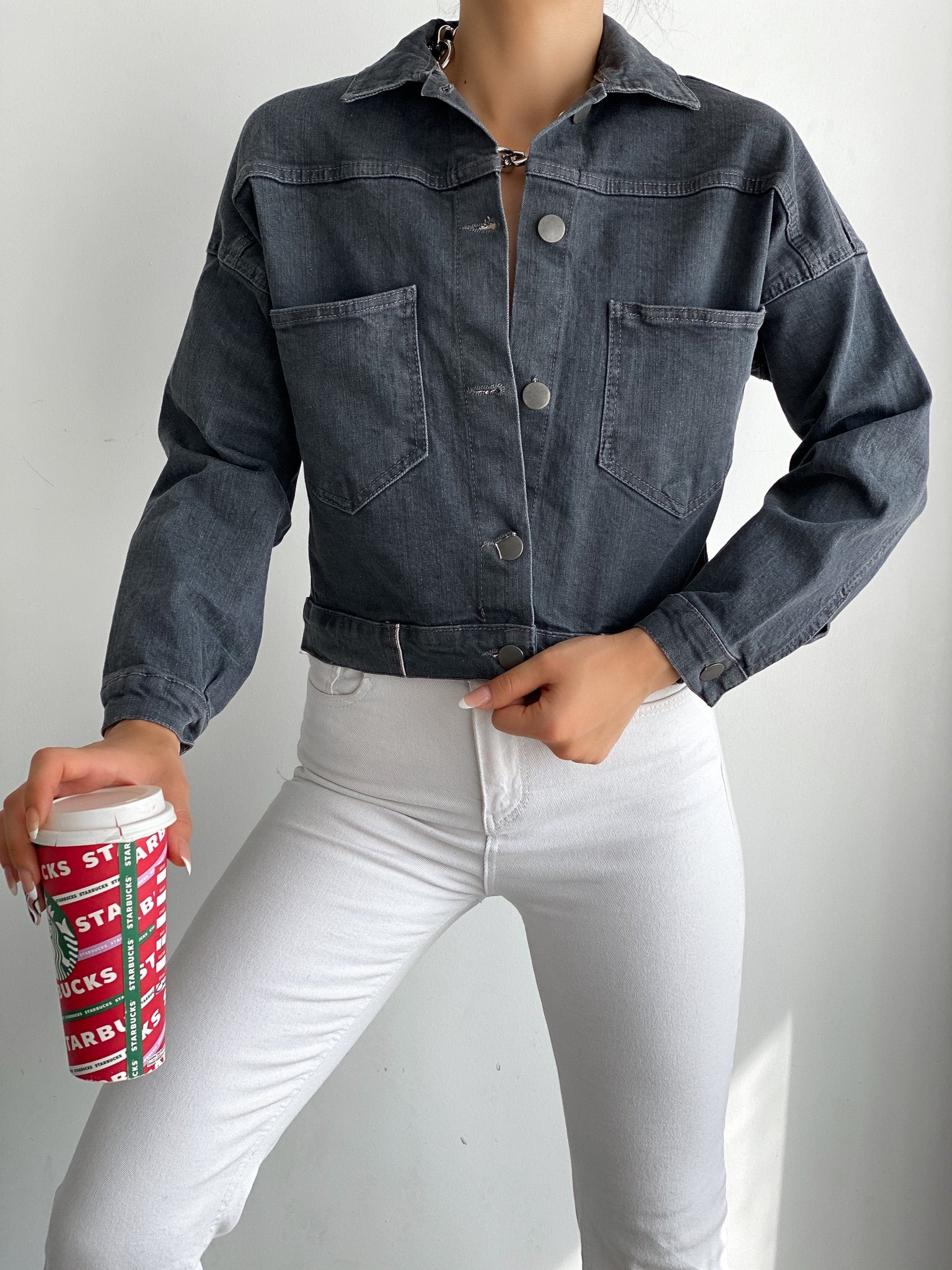 Çift Cepli Denim Crop Ceket