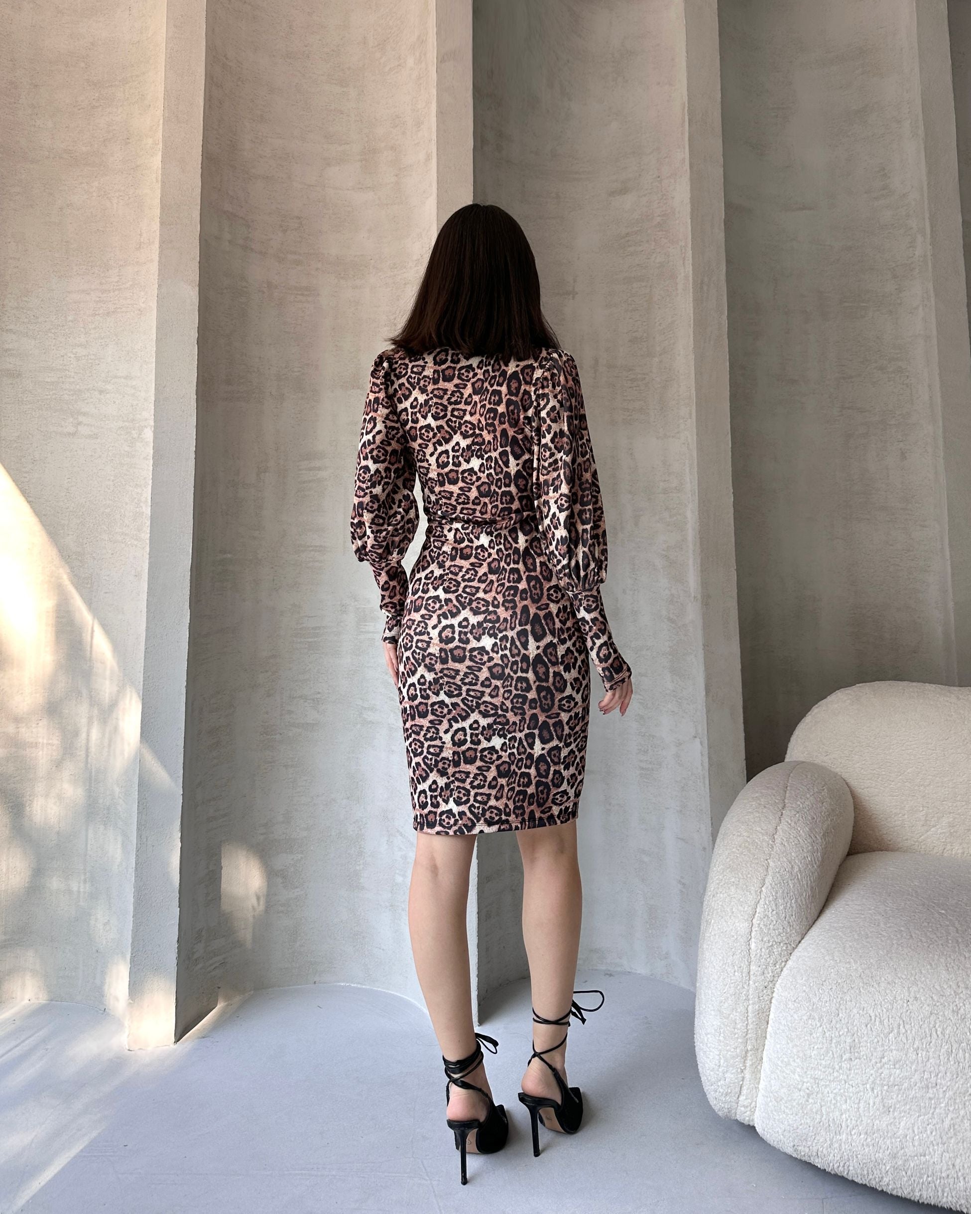 Leopar Desenli Midi Boy Elbise